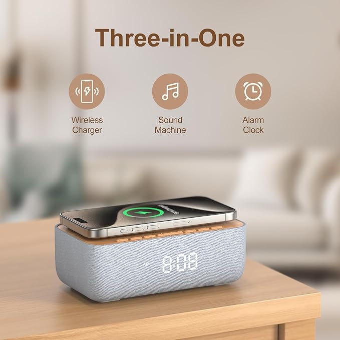 Luminellen-15W Fast Magnetic Wireless Charging Alarm Clock with White Noise Machine, Woodgrain Style, 20 High‑Fidelity Sounds, Gradual Wake & Snooze, 0–100% Dimmable Digital Clock, Bedroom & Office