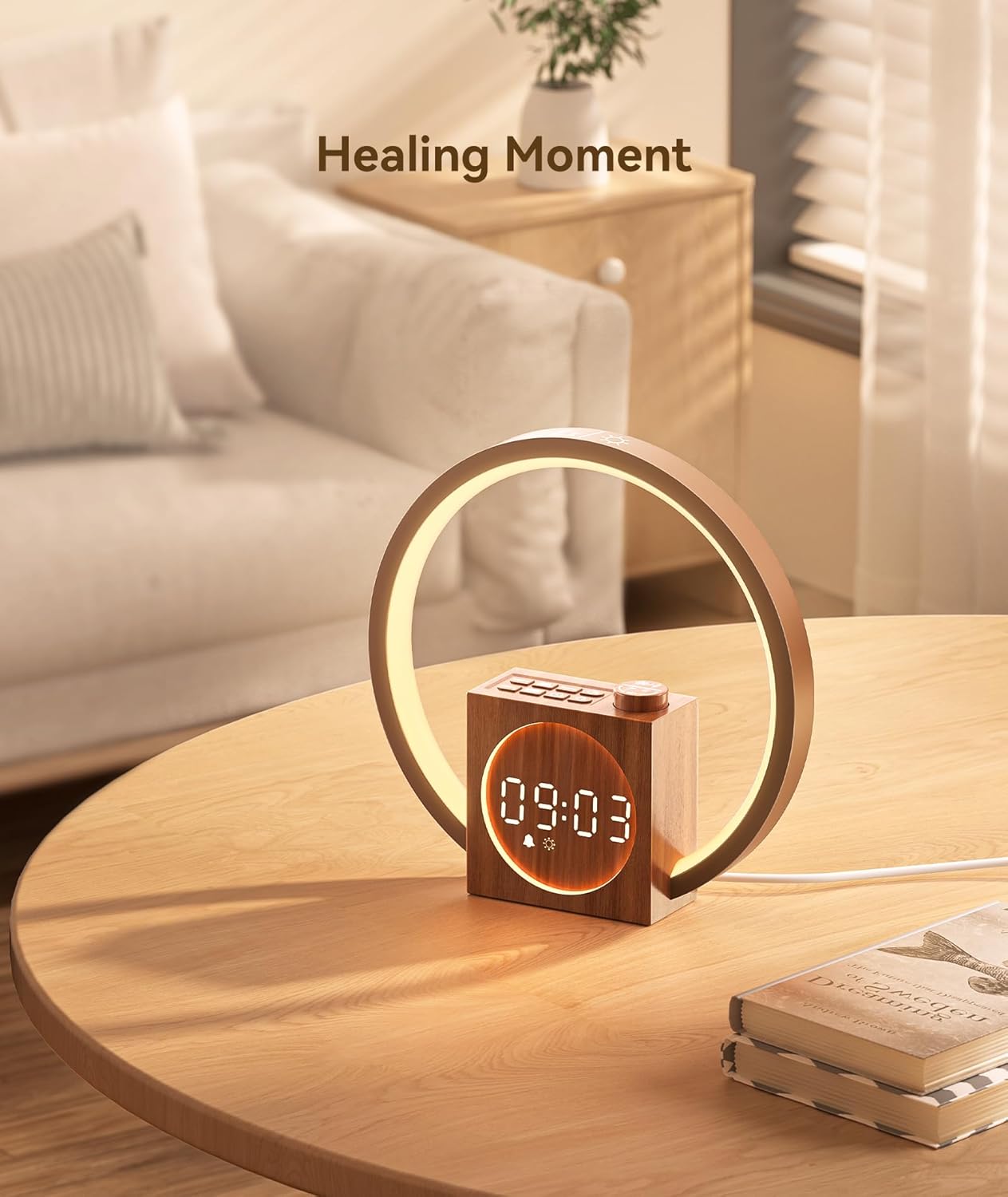 Luminellen-Sunrise Alarm Clock with Ambient Light, Wooden Bedside Wake-Up Light Lamp