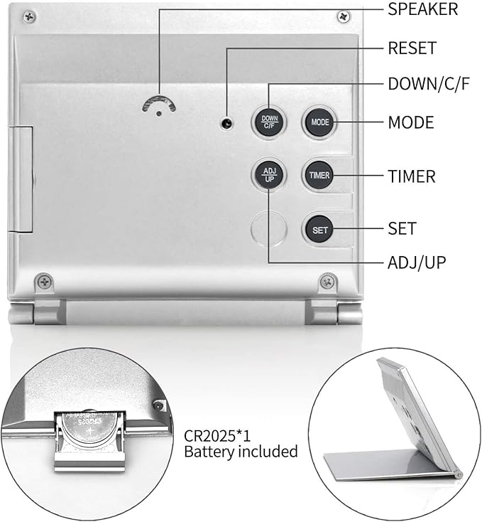 Luminellen-Digital Travel Alarm Clock - Foldable Calendar Temperature Timer LCD Clock with Snooze Mode - Large Number Display, Battery Operated - Compact Desk Clock(Silver, No Backlight)