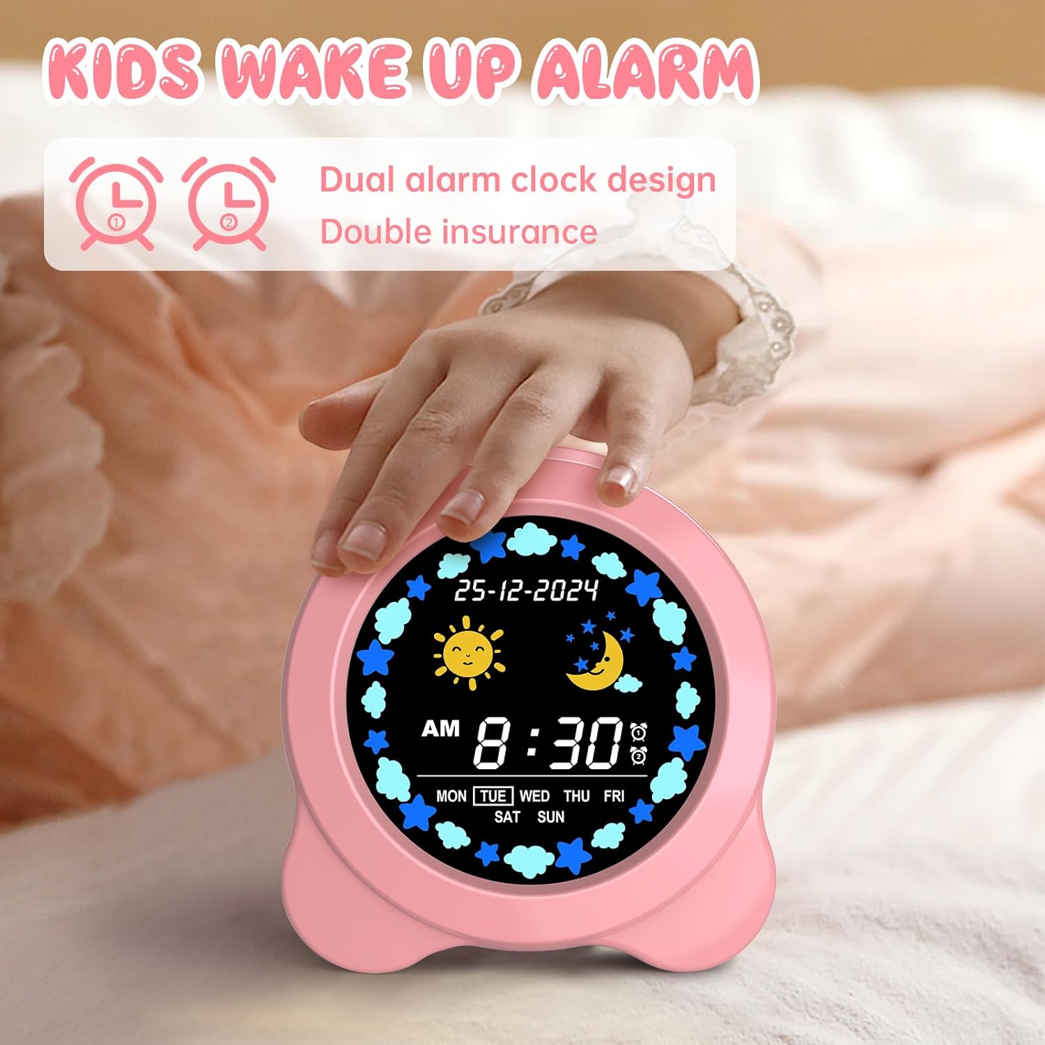 Luminellen- Kids Digital Alarm Clock Dual Alarm Silent Design Adjustable Brightness Night Light Bedside Learning Clock