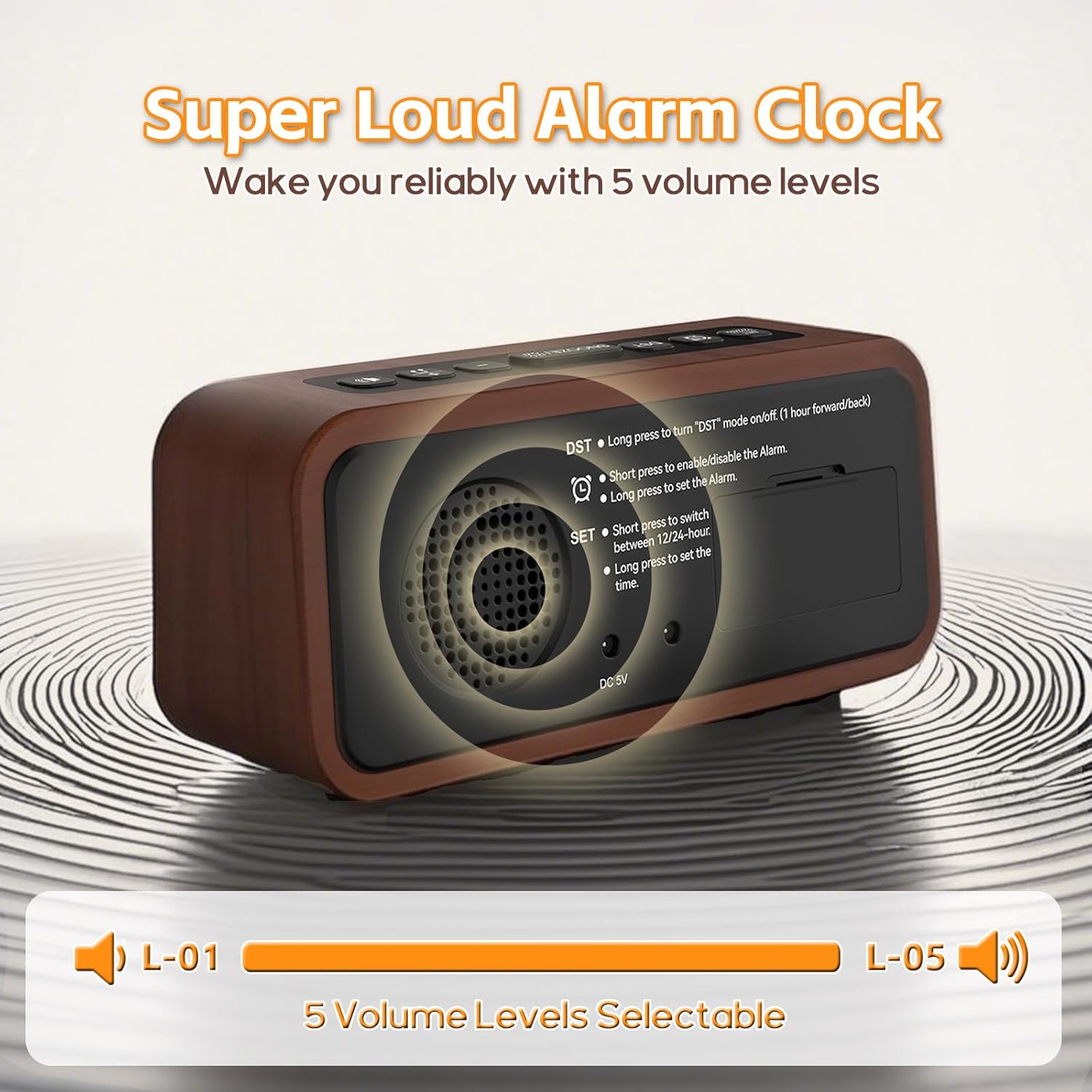 Luminellen-Wooden Alarm Clock, Loud Digital Plug-in Clock with 5 Volumes, 12 Ringtones, Manual DST, Snooze for Heavy Sleepers Bedroom Bedside Living Room Office Wood Decor