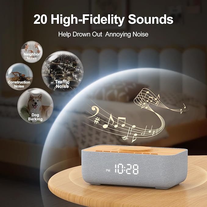 Luminellen-15W Fast Magnetic Wireless Charging Alarm Clock with White Noise Machine, Woodgrain Style, 20 High‑Fidelity Sounds, Gradual Wake & Snooze, 0–100% Dimmable Digital Clock, Bedroom & Office
