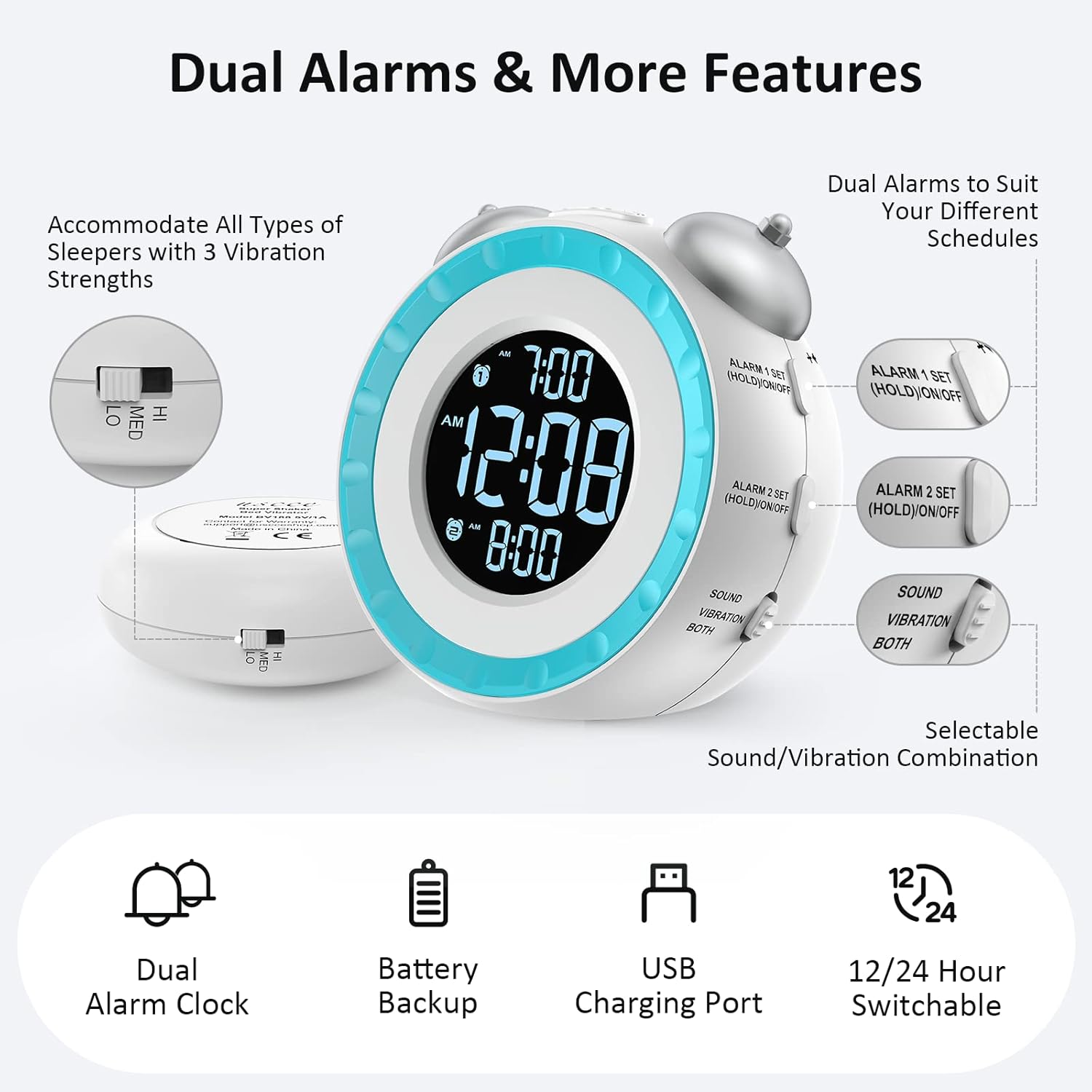 Luminellen-Vibrating Alarm Clock with Bed Shaker Dual Alarms Adjustable Brightness
