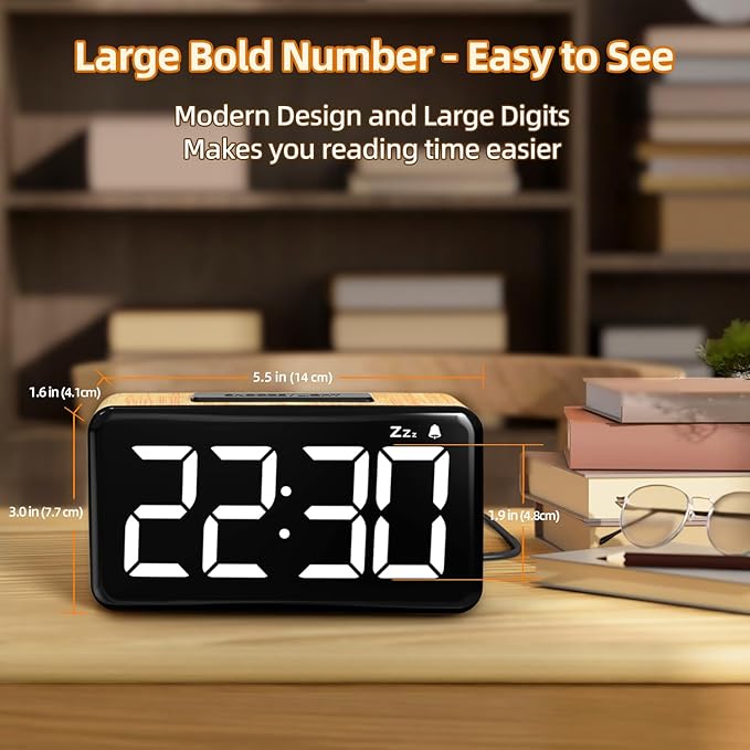 Luminellen-5.5-Inch Large Digital Alarm Clock | Wood-Style Housing | Snooze Button & Adjustable Night Display