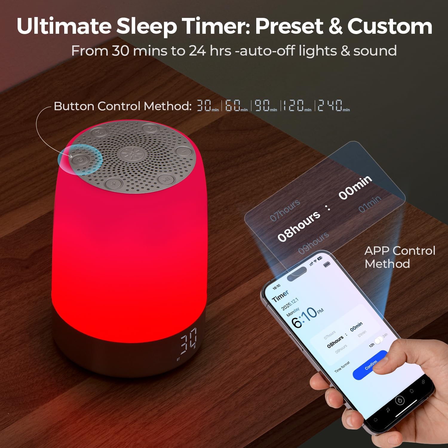 Luminellen-Red Light Sleep Aid Lamp White Noise Sound Machine Smart Alarm Clock with App Control