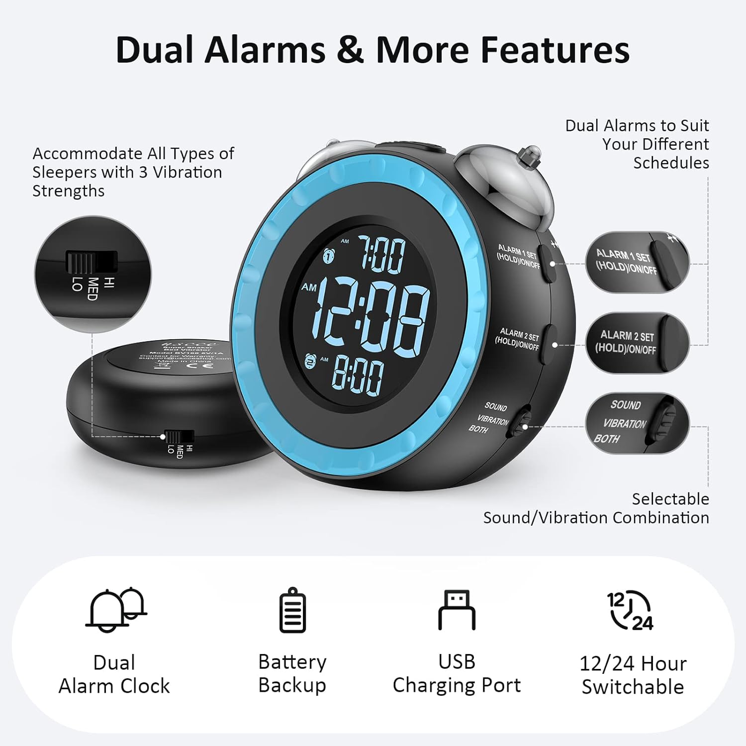 Luminellen-Vibrating Alarm Clock with Bed Shaker Dual Alarms Adjustable Brightness