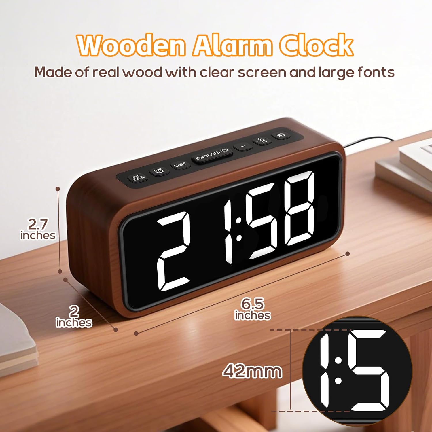 Luminellen-Wooden Alarm Clock, Loud Digital Plug-in Clock with 5 Volumes, 12 Ringtones, Manual DST, Snooze for Heavy Sleepers Bedroom Bedside Living Room Office Wood Decor