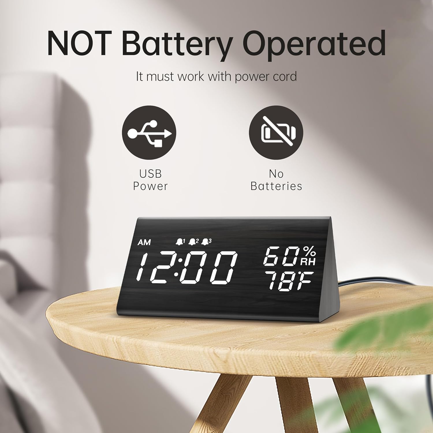 Luminellen-Digital Alarm Clock, with Wooden Electronic LED Time Display, 3 Alarm Settings, Humidity & Temperature Detect, Wood Made Electric Clocks for Bedroom, Bedside (Black)
