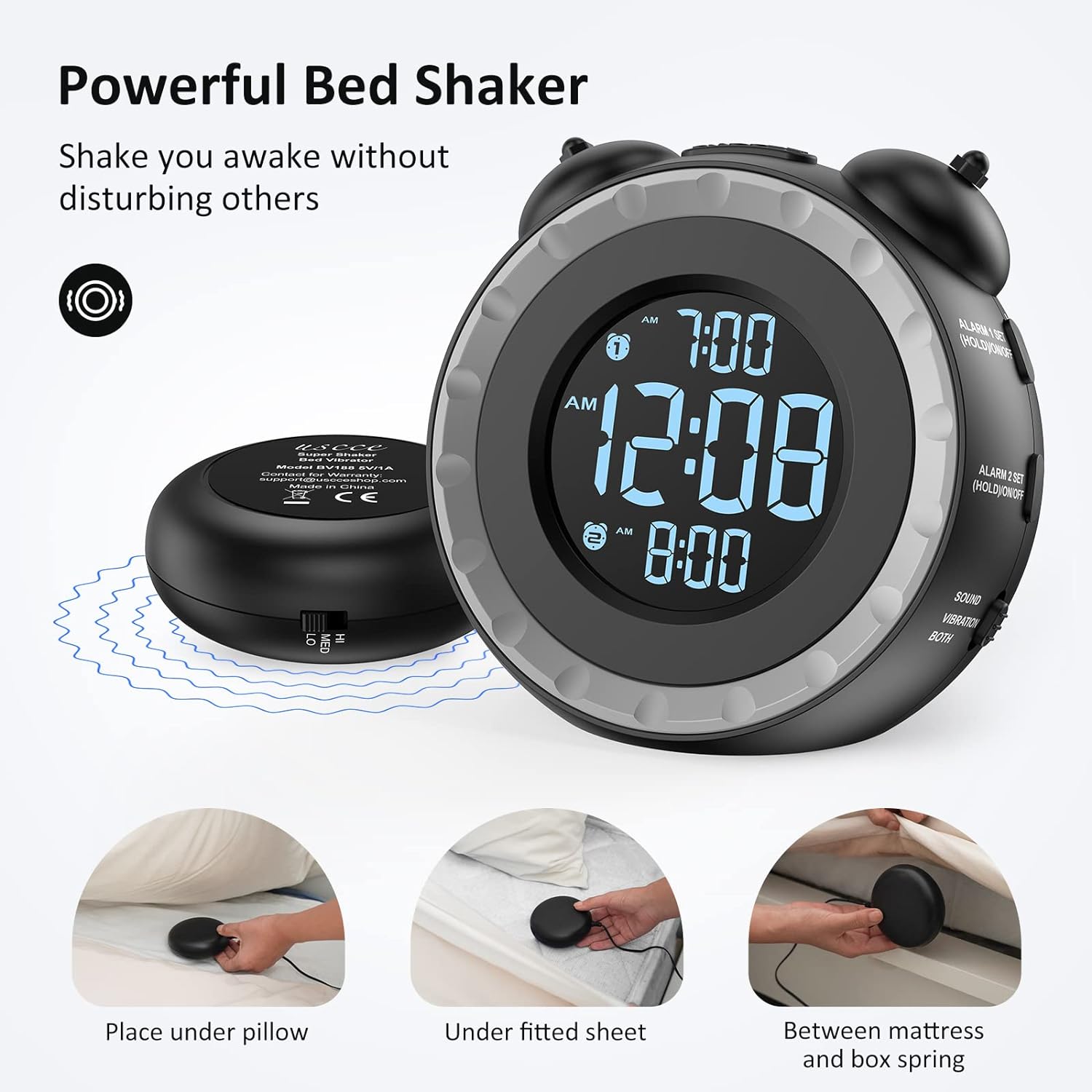 Luminellen-Vibrating Alarm Clock with Bed Shaker Dual Alarms Adjustable Brightness