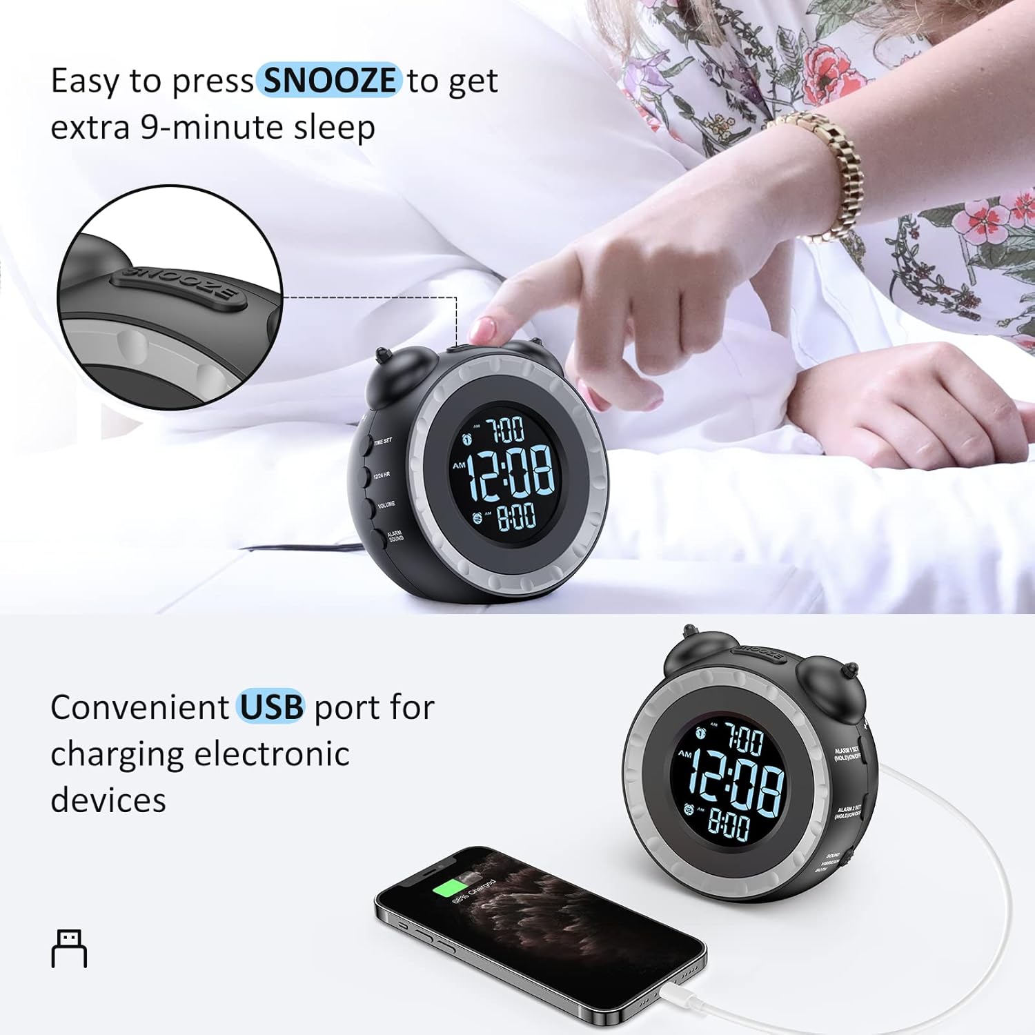 Luminellen-Vibrating Alarm Clock with Bed Shaker Dual Alarms Adjustable Brightness