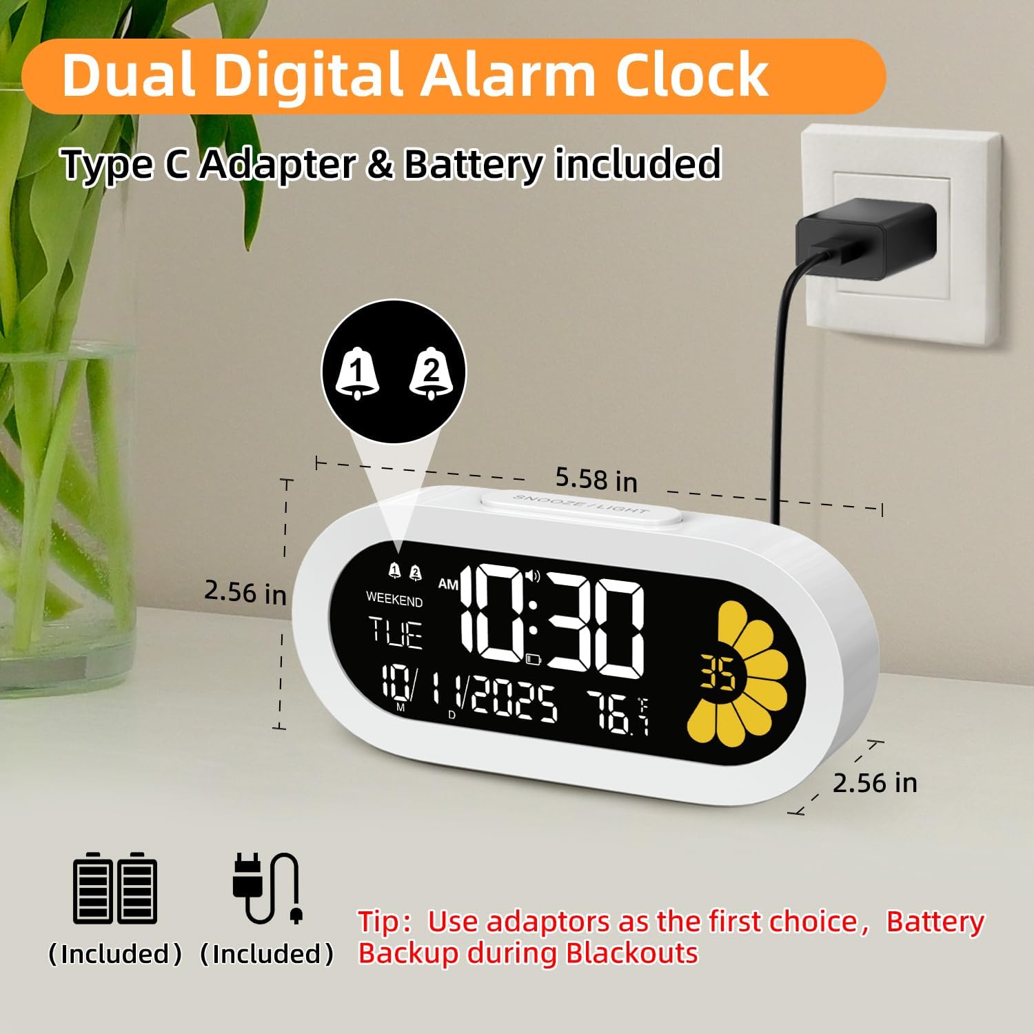 Luminellen-Digital Alarm Clock for Bedroom: Dual Alarm Bedside Clock VA LCD Display with Seconds, 9-Minute Snooze and Weekend Mode, 3 Brightness, 4 Alarms and 3 Volume Levels，Type C & Battery Included