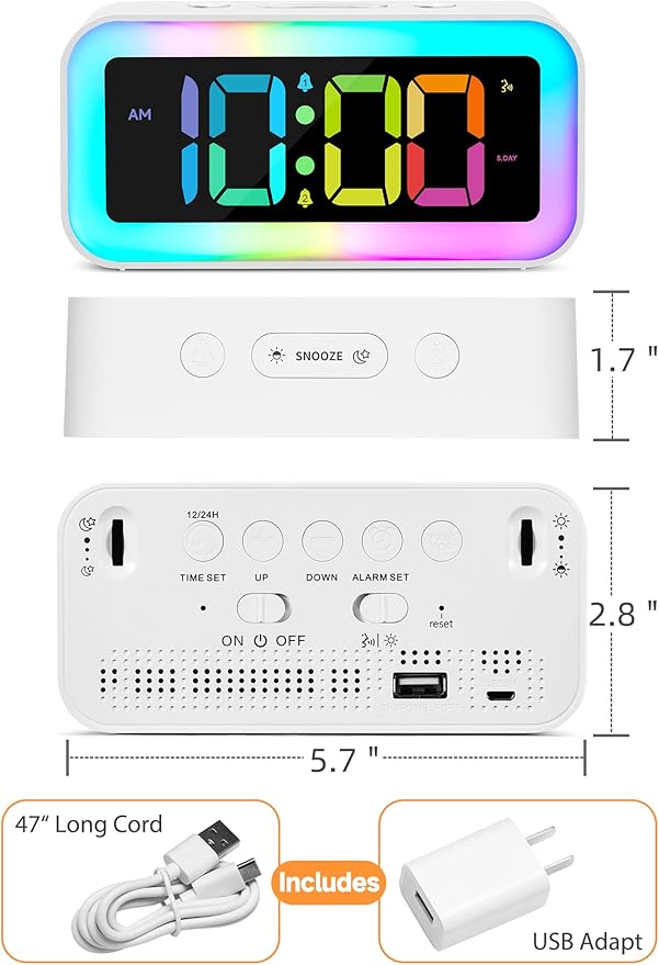Luminellen-Loud Alarm Clock for Bedrooms with Dynamic RGB Night Light,Heavy Sleepers Adults,Dual Alarm,Dimmer,USB Charger,Small Bedside Digital Clock with Led Display for Kids,Teens,Seniors (White)