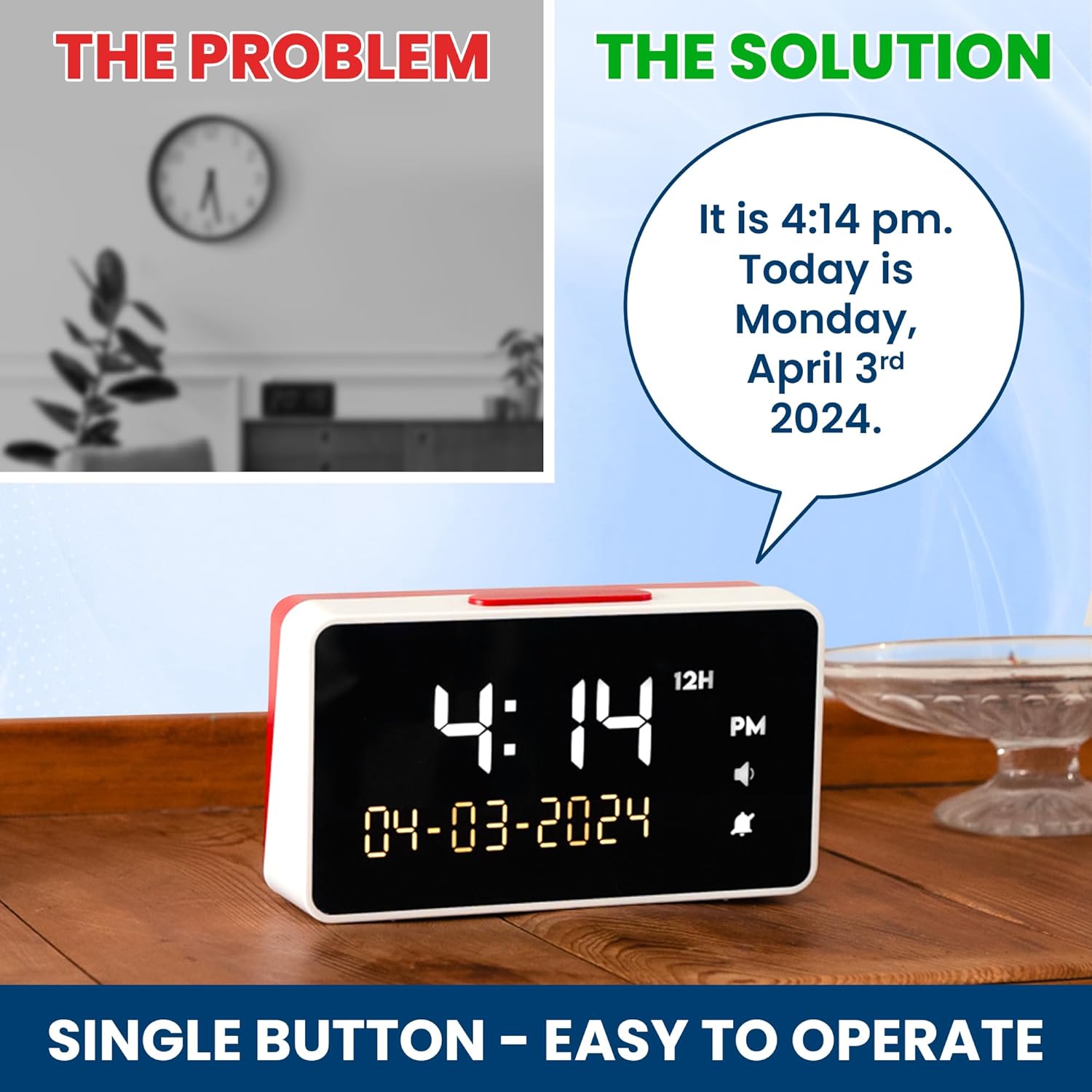 Luminellen-Large Display Loud Alarm Clock for Seniors Easy One-Button Operation Adjustable Brightness