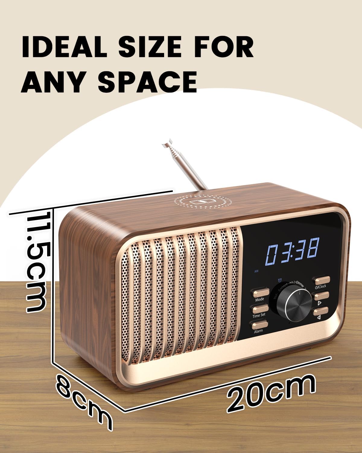 Luminellen-Retro Wooden Wireless Charging Bluetooth Speaker Alarm Clock HiFi Desk Radio