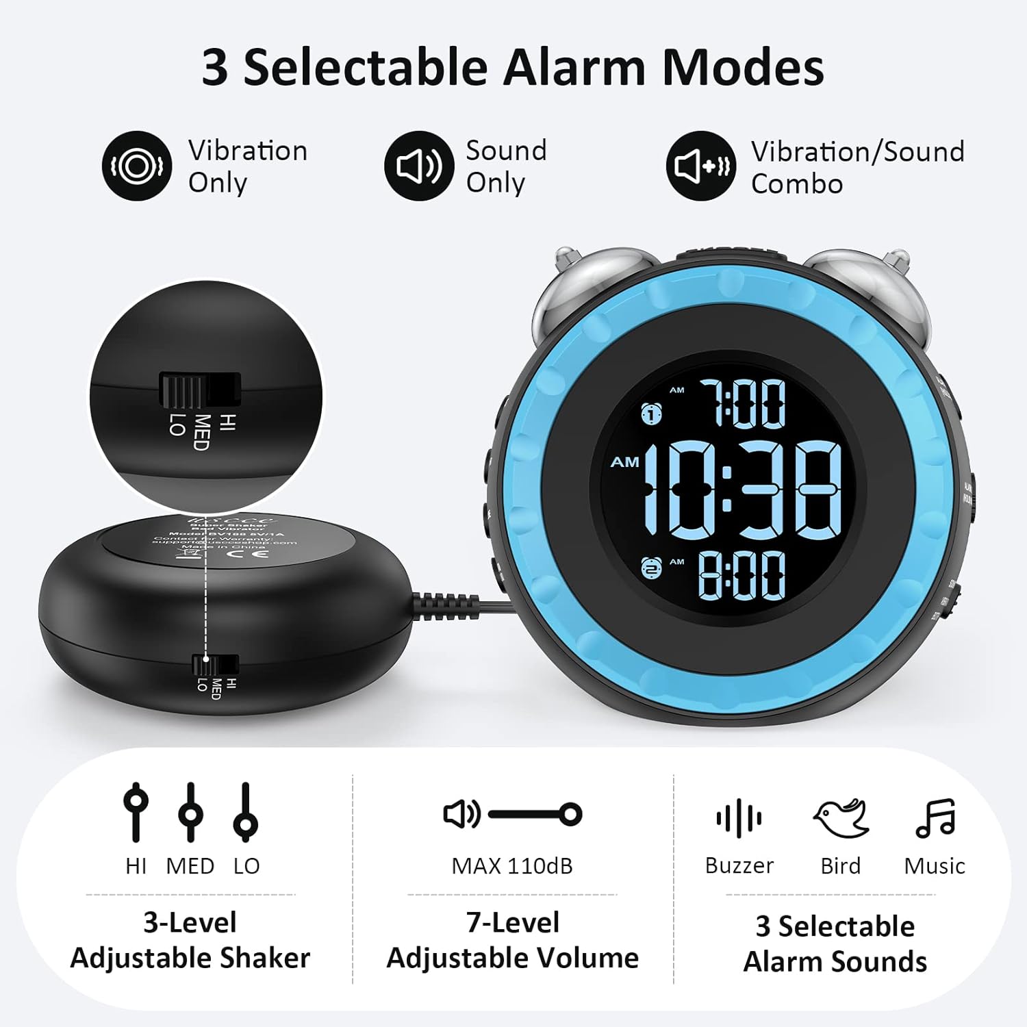 Luminellen-Vibrating Alarm Clock with Bed Shaker Dual Alarms Adjustable Brightness