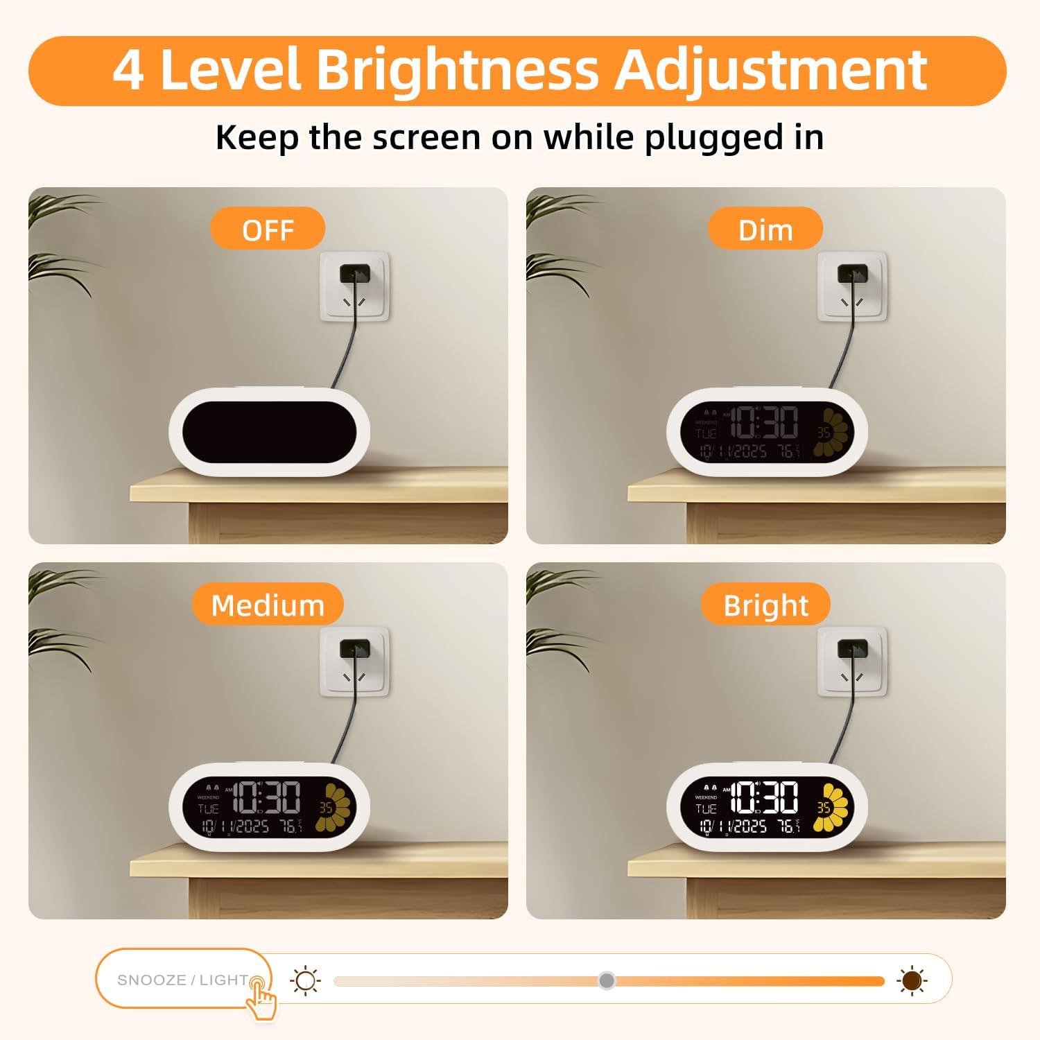 Luminellen-Digital Alarm Clock for Bedroom: Dual Alarm Bedside Clock VA LCD Display with Seconds, 9-Minute Snooze and Weekend Mode, 3 Brightness, 4 Alarms and 3 Volume Levels，Type C & Battery Included