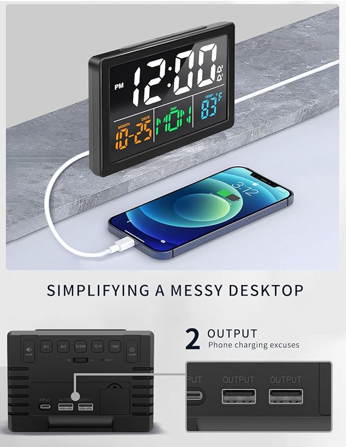 Luminellen-Digital Alarm Clock, with 5.5" Large LED Time Display, Adjustable Alarm Volume, 6 Level Brightness, Alarm Settings, USB Charger, Temperature Detect, Snooze, Clocks for Bedroom, Bedside, Desk, Black