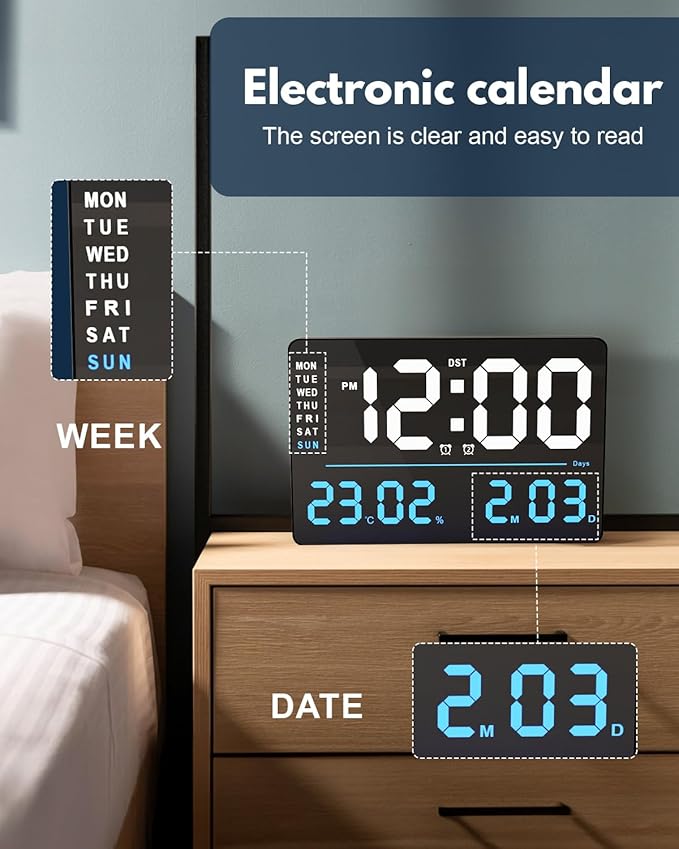 Luminellen-16" LED Digital Wall Clock with Large Display,Alarm Clock with Digital Calendar for Living Room, Bedroom,Office,Shop,Gym Decor,Seniors,Gift for Elderly (Powered by Plug-in Only)