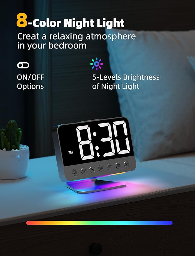 Luminellen-Digital Alarm Clocks for Bedrooms: Large Bold Number 5 Brightness Dimmer - Easy to Read Across The Room - 5 Alarm Sound 8 Night Light - Silver