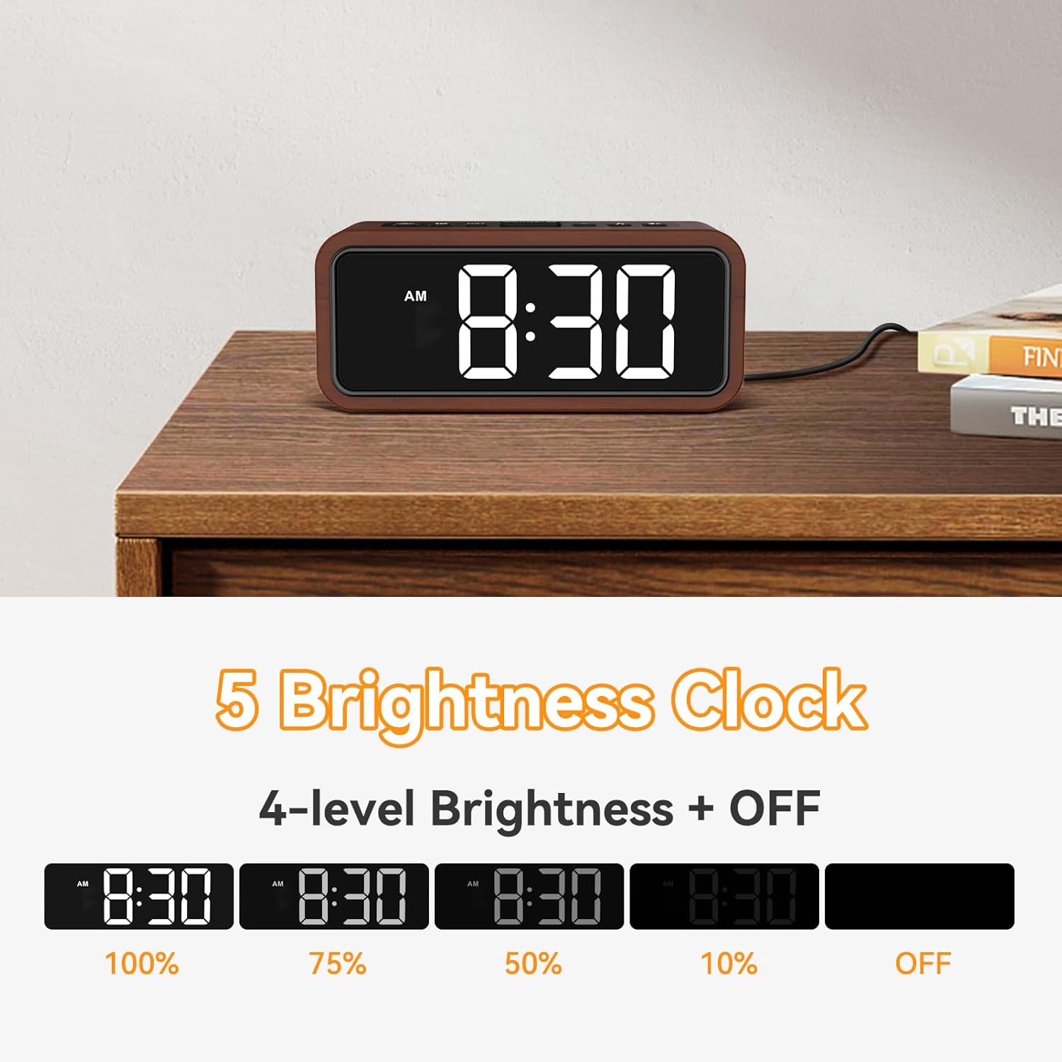 Luminellen-Wooden Alarm Clock, Loud Digital Plug-in Clock with 5 Volumes, 12 Ringtones, Manual DST, Snooze for Heavy Sleepers Bedroom Bedside Living Room Office Wood Decor