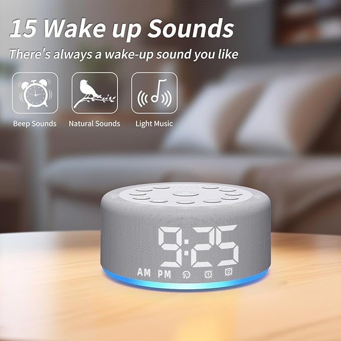 Luminellen-Sound Machine Alarm Clock Brown Noise White Noise Machine Night Light with Dual Alarms Backup Battery 30 Sleeping Sounds for Baby Kids Adults 32 Level Volume 5 Timers 15 Wake Up Sounds Memory Function