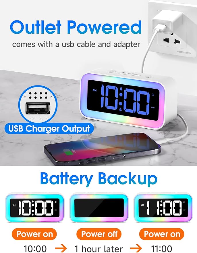 Luminellen-Loud Alarm Clock for Bedrooms with Dynamic RGB Night Light,Heavy Sleepers Adults,Dual Alarm,Dimmer,USB Charger,Small Bedside Digital Clock with Led Display for Kids,Teens,Seniors (White)