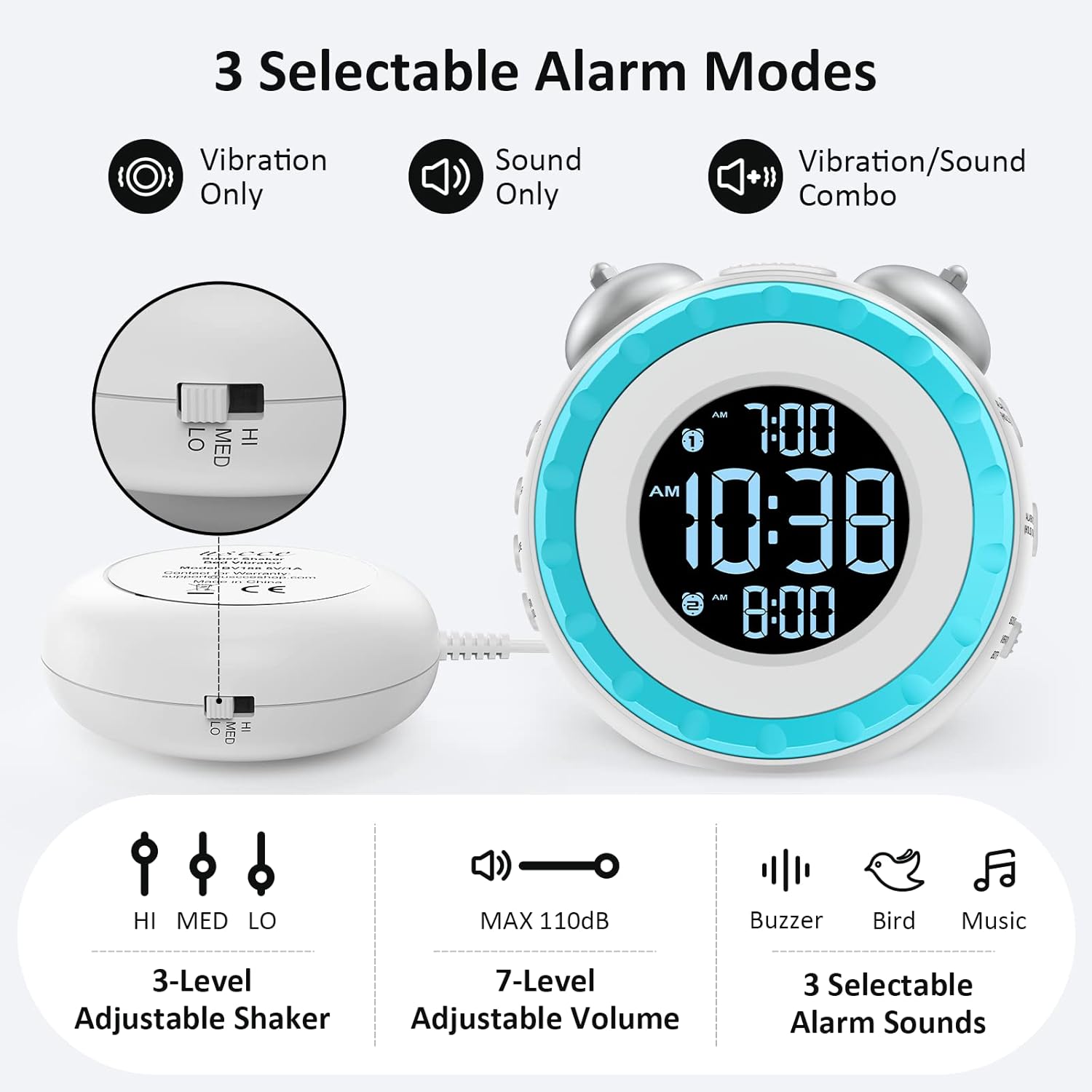Luminellen-Vibrating Alarm Clock with Bed Shaker Dual Alarms Adjustable Brightness