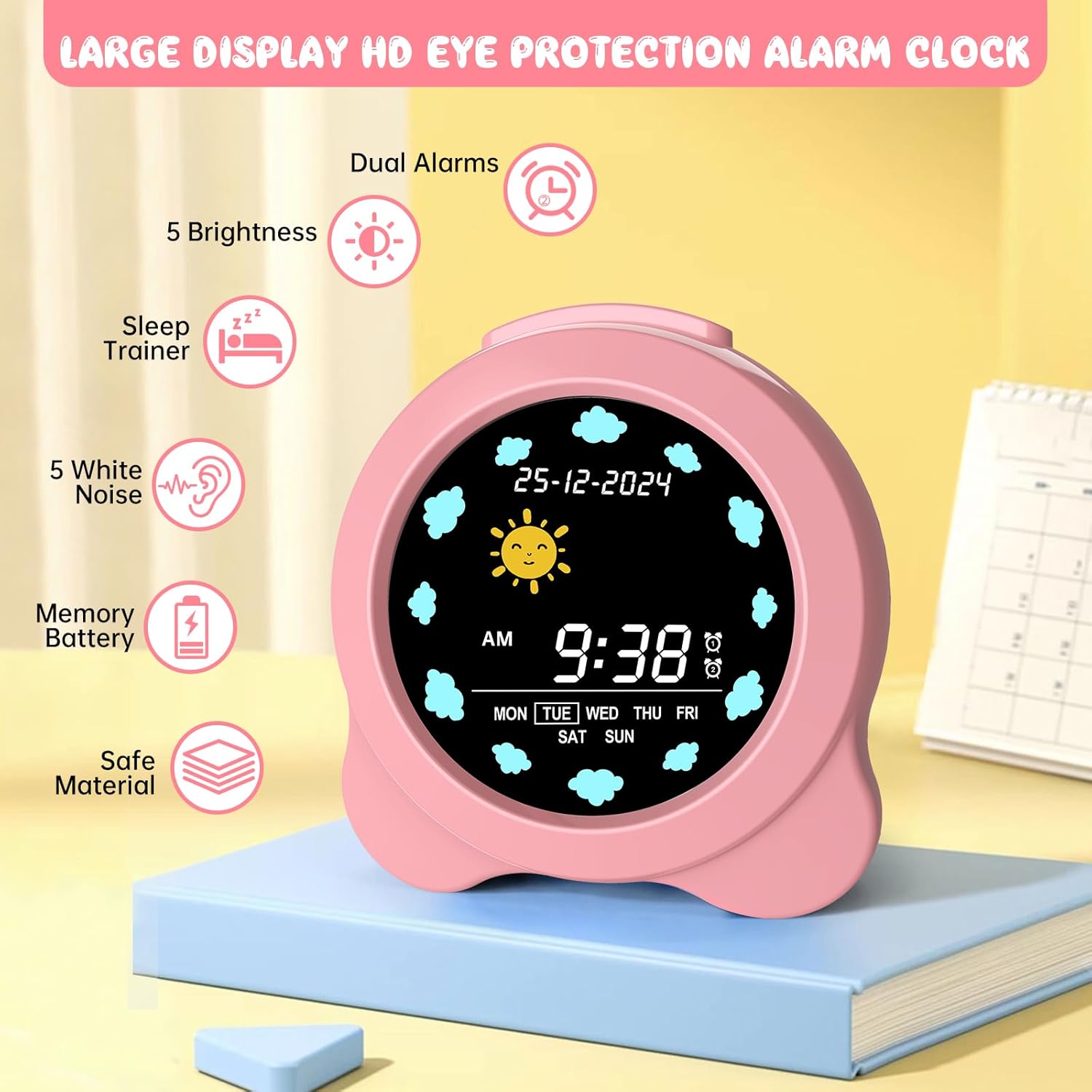 Luminellen- Kids Digital Alarm Clock Dual Alarm Silent Design Adjustable Brightness Night Light Bedside Learning Clock