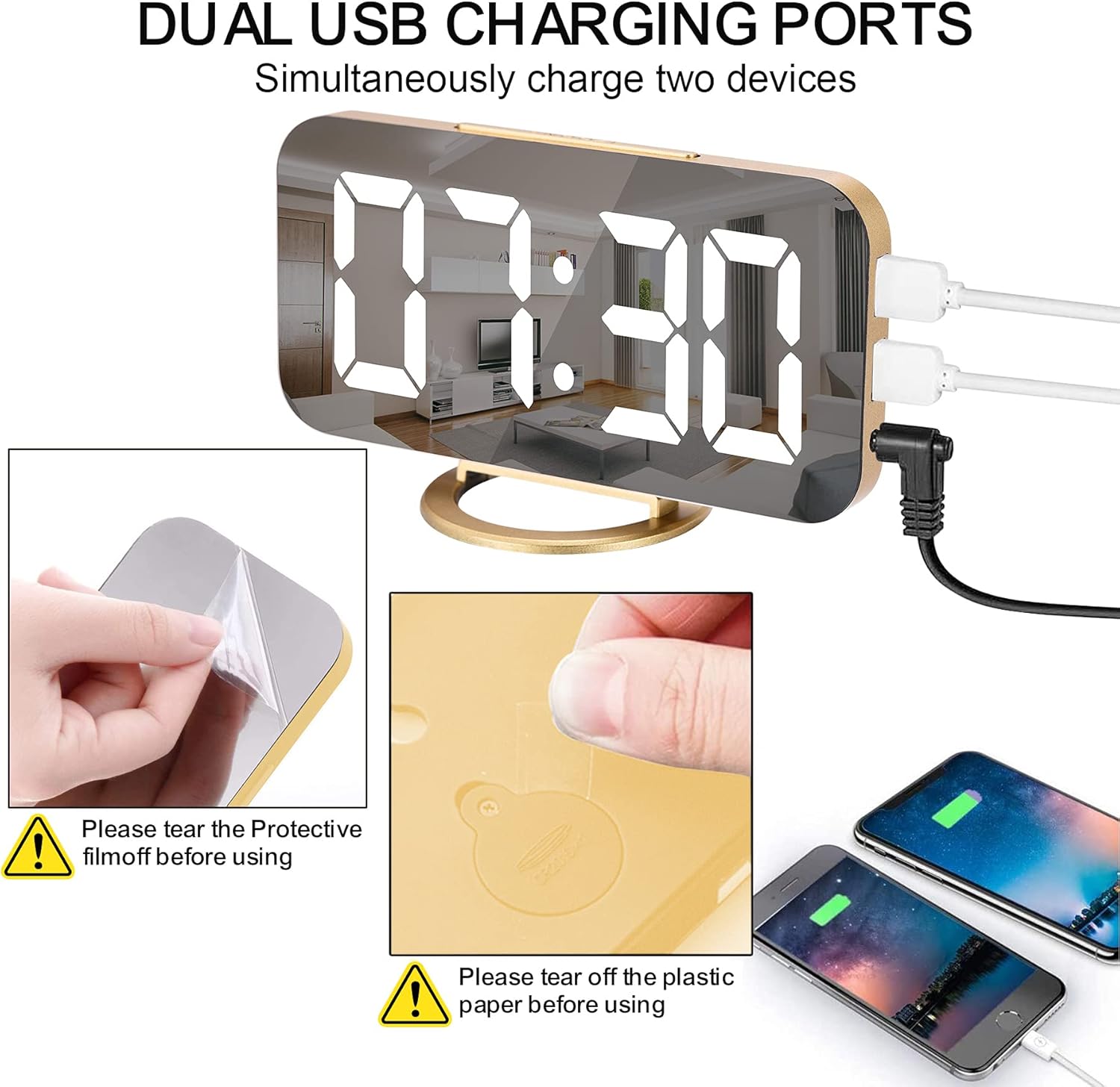 Luminellen-Digital alarm clock, LED mirror desktop clock, large display screen, dual USB charging ports, 3 brightness levels, 12/24-hour format.