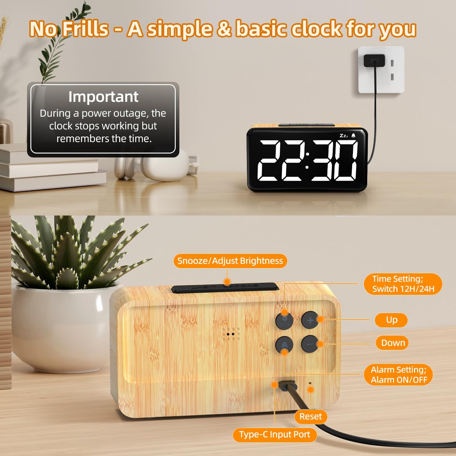 Luminellen-5.5-Inch Large Digital Alarm Clock | Wood-Style Housing | Snooze Button & Adjustable Night Display