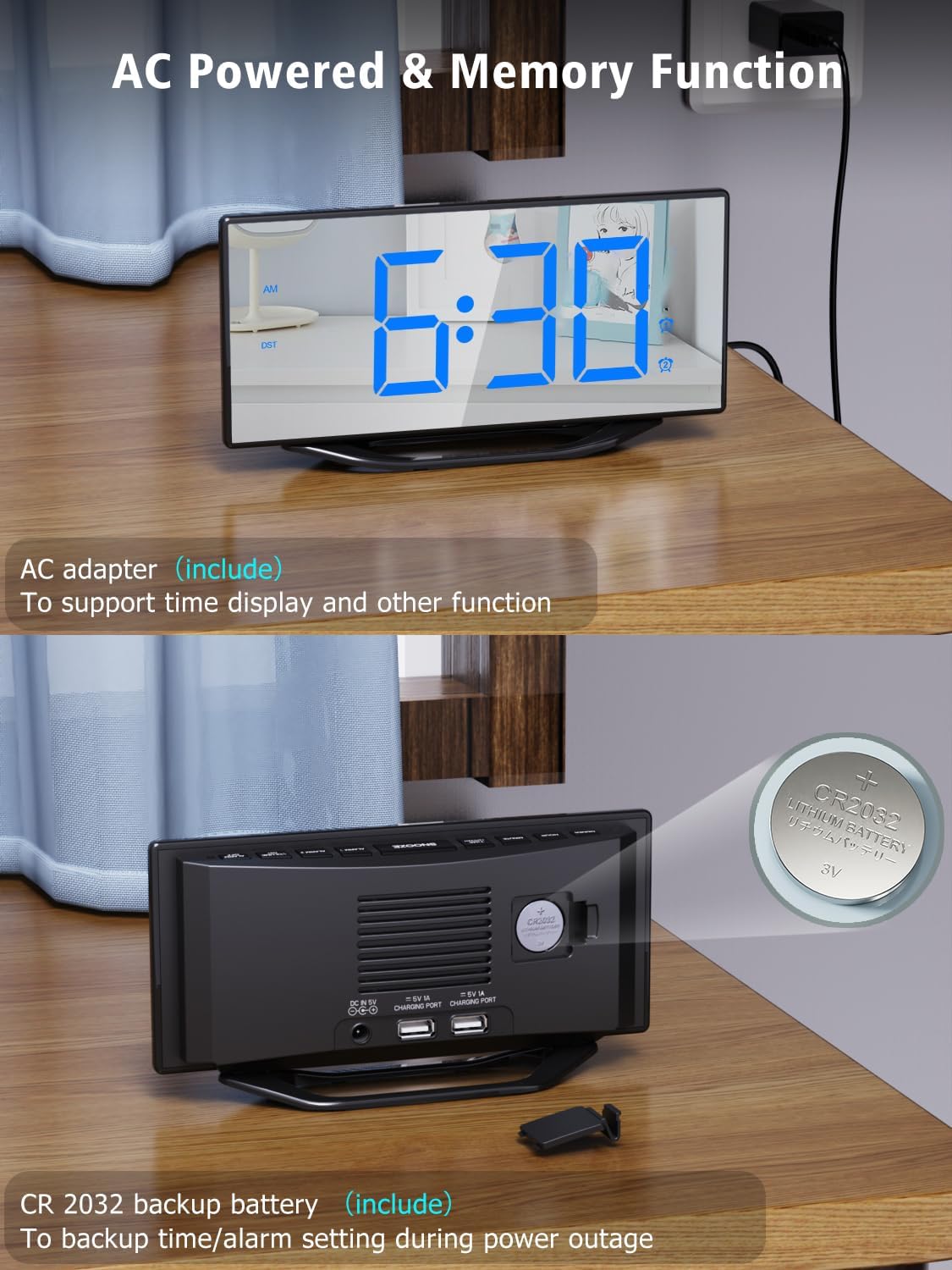 Luminellen-Large Mirror LED Digital Alarm Clock with Dual USB Charging and Adjustable Brightness