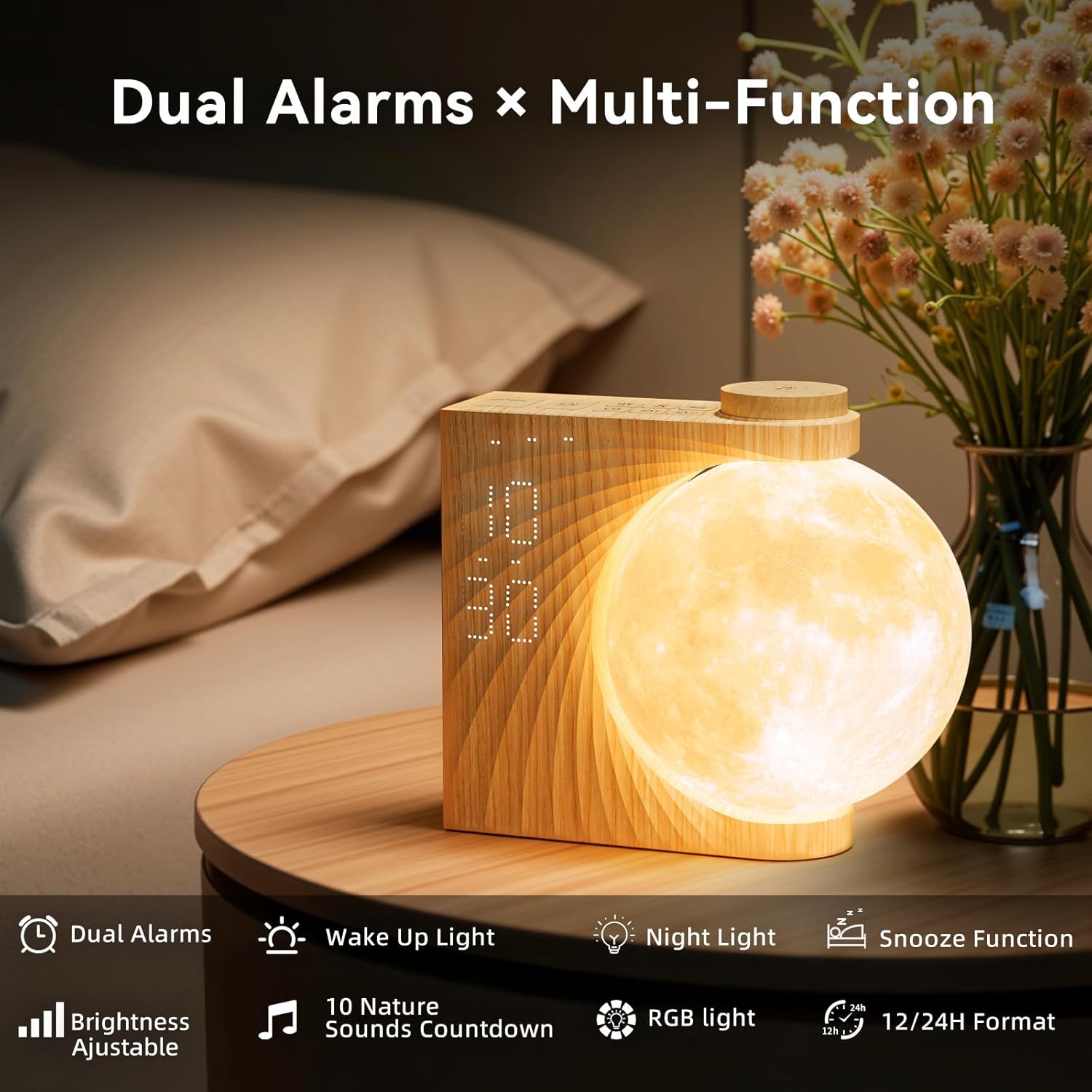 Luminellen-Moon Sunrise Wake-Up Alarm Clock with RGB Ambient Light and Dual Alarms