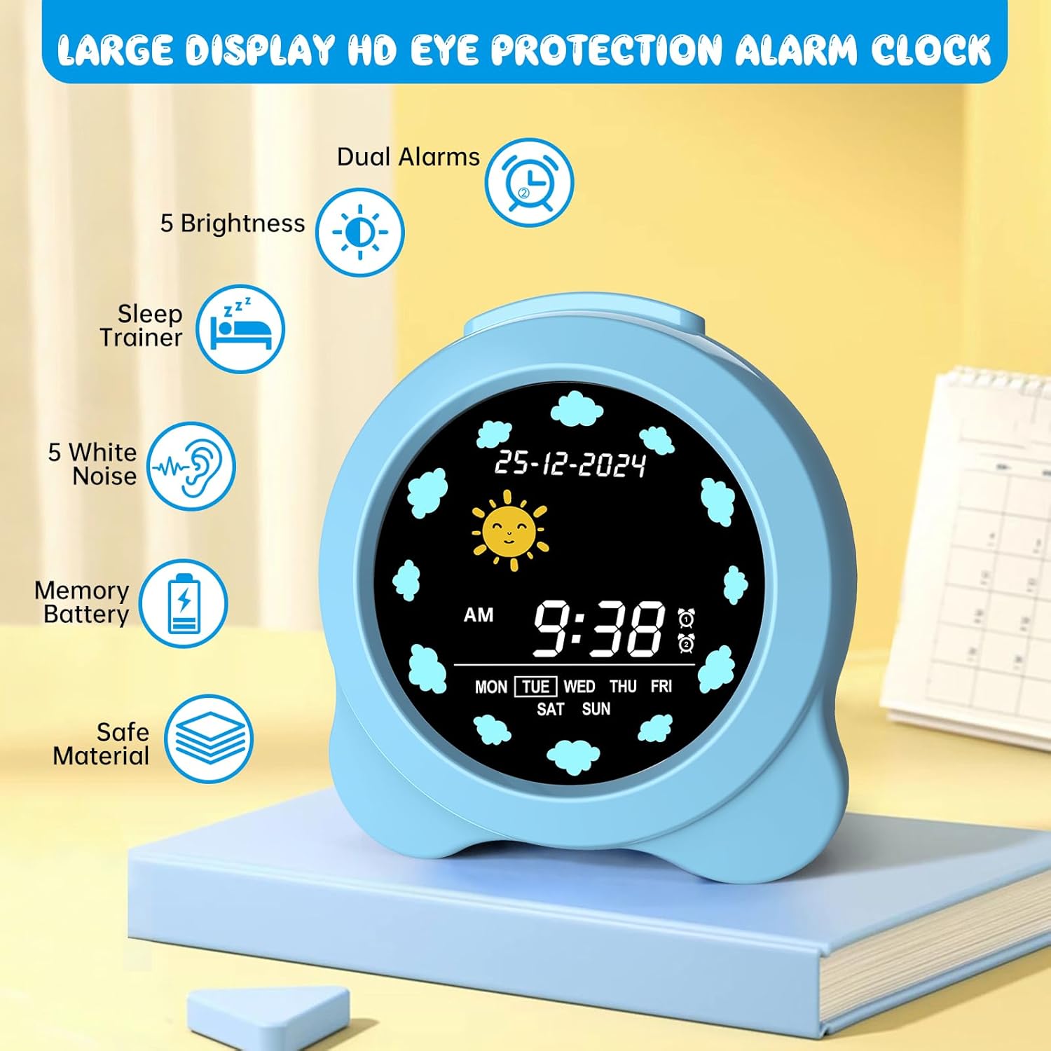 Luminellen- Kids Digital Alarm Clock Dual Alarm Silent Design Adjustable Brightness Night Light Bedside Learning Clock