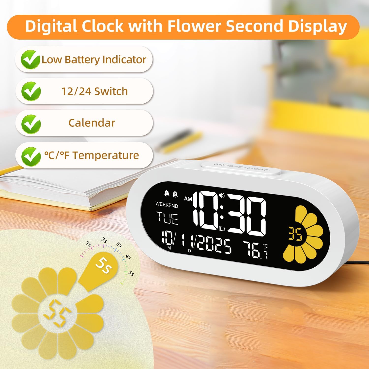 Luminellen-Digital Alarm Clock for Bedroom: Dual Alarm Bedside Clock VA LCD Display with Seconds, 9-Minute Snooze and Weekend Mode, 3 Brightness, 4 Alarms and 3 Volume Levels，Type C & Battery Included