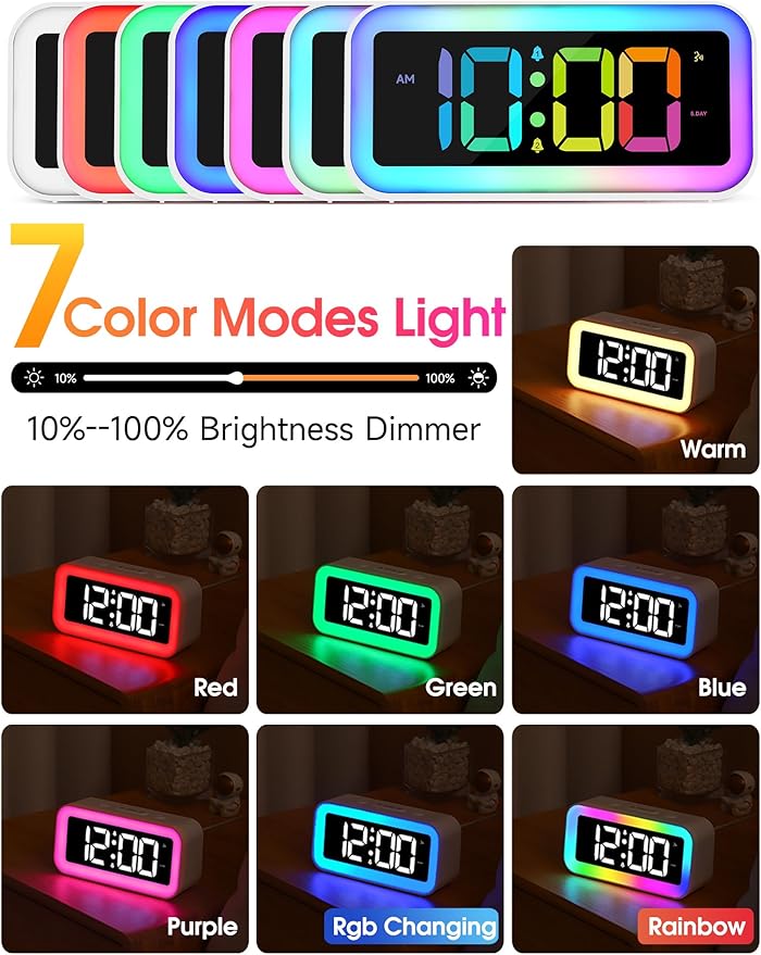 Luminellen-Loud Alarm Clock for Bedrooms with Dynamic RGB Night Light,Heavy Sleepers Adults,Dual Alarm,Dimmer,USB Charger,Small Bedside Digital Clock with Led Display for Kids,Teens,Seniors (White)