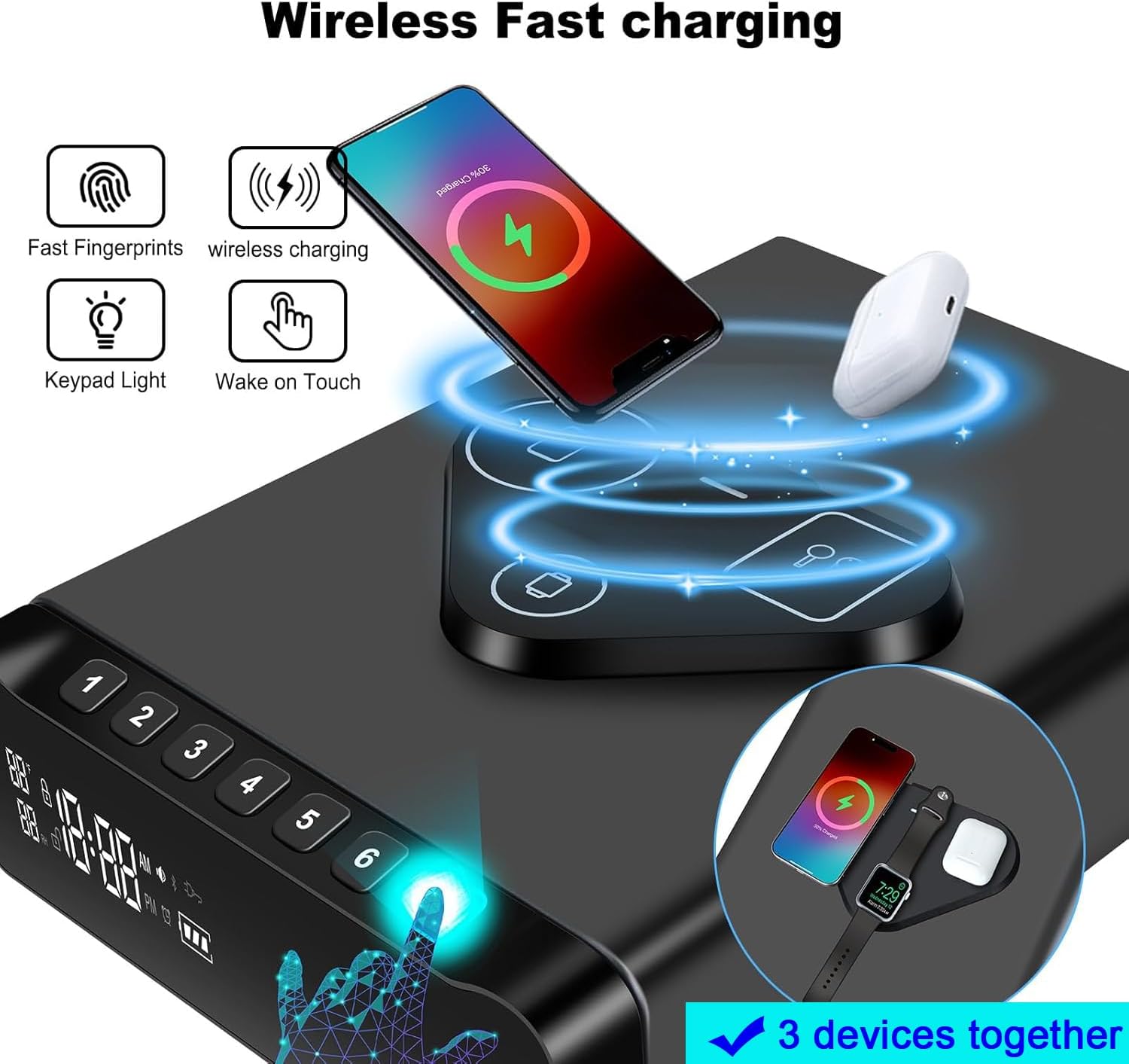 Luminellen-Wireless Charging Alarm Clock with Drawer Storage LCD Display Temperature Humidity Bedside Charging Station