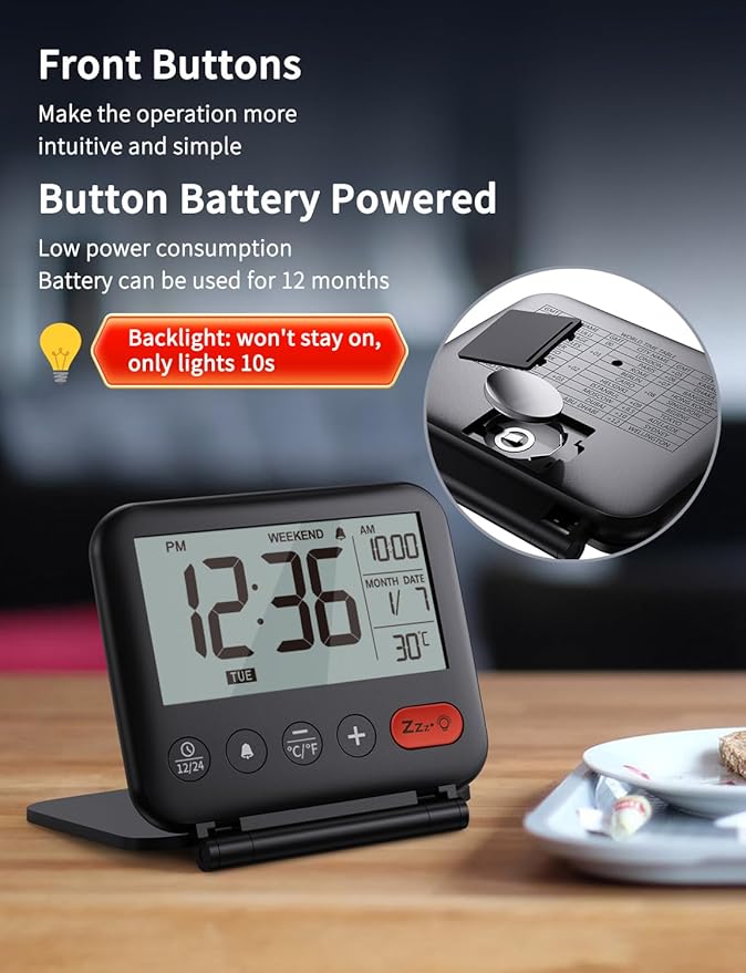 Luminellen-Digital Travel Alarm Clock for Bedroom Office: Small LCD Desk Clock with Backlight Date Temperature Snooze 12/24H Weekend Mode and Mirror, Battery Powered Folding Bedside Clock for Adult Kids