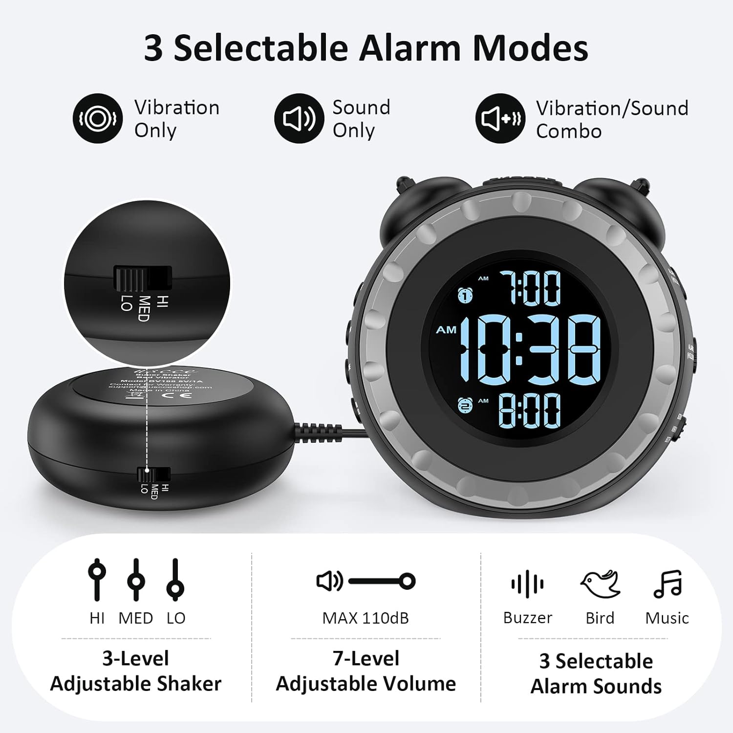 Luminellen-Vibrating Alarm Clock with Bed Shaker Dual Alarms Adjustable Brightness