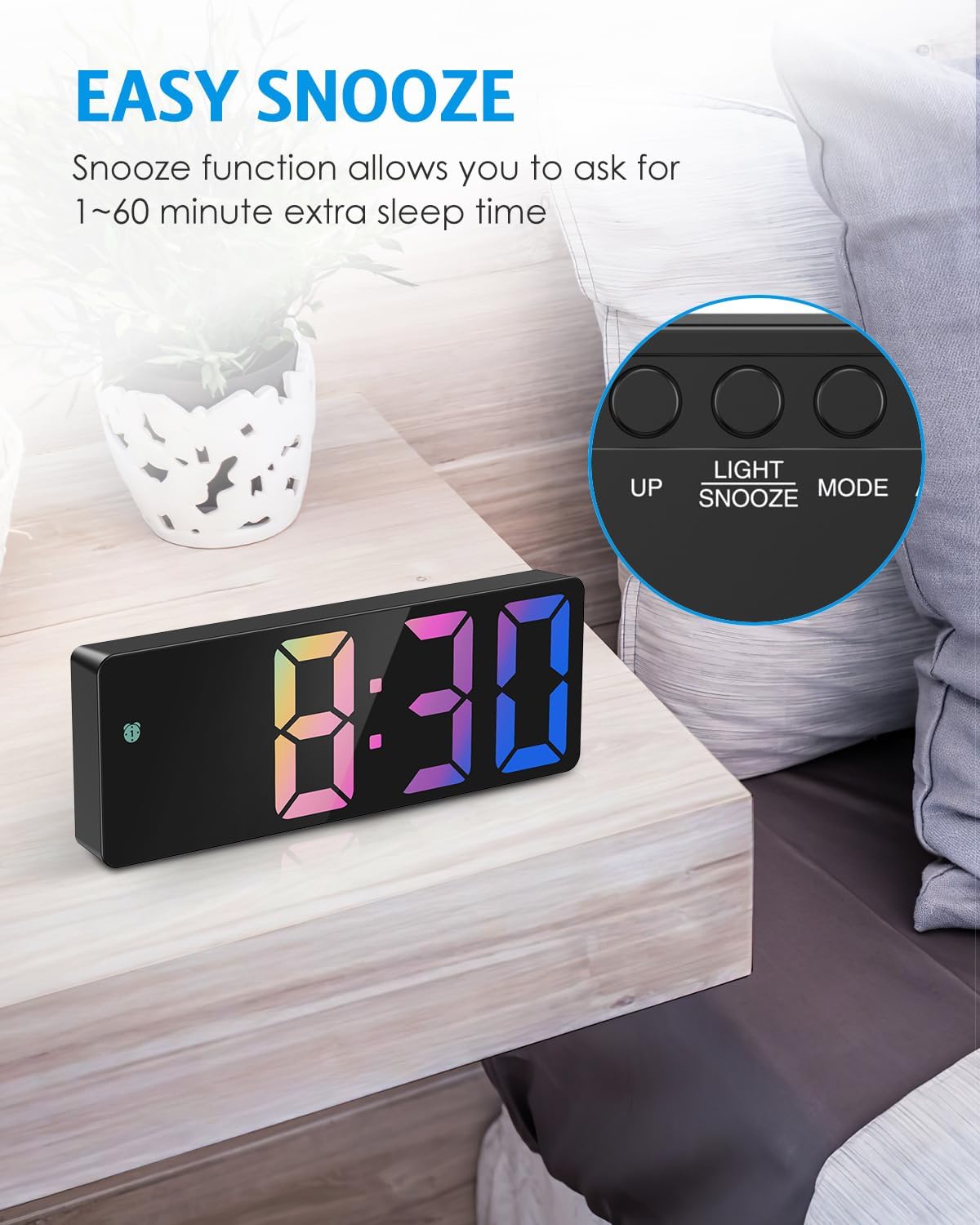 Luminellen-Large LED Digital Alarm Clock with Color Display and Adjustable Brightness