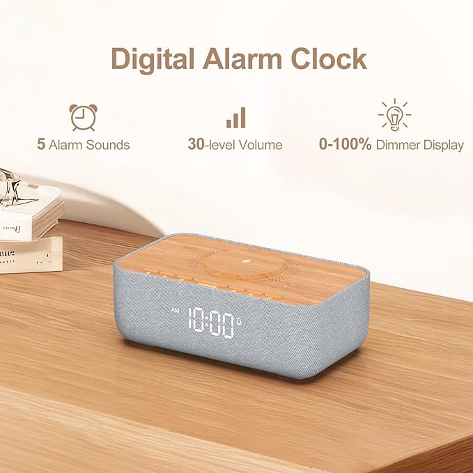 Luminellen-15W Fast Magnetic Wireless Charging Alarm Clock with White Noise Machine, Woodgrain Style, 20 High‑Fidelity Sounds, Gradual Wake & Snooze, 0–100% Dimmable Digital Clock, Bedroom & Office