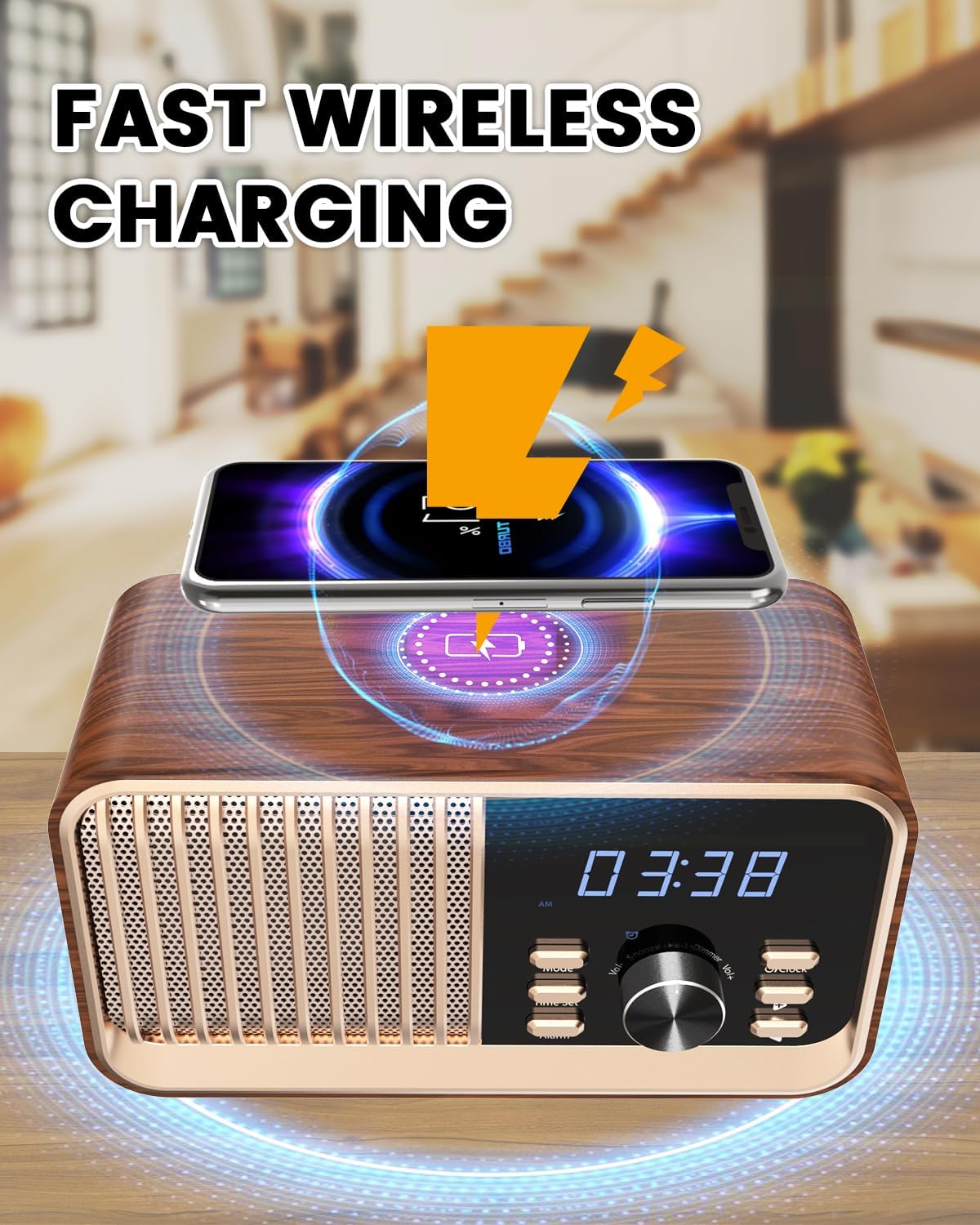 Luminellen-Retro Wooden Wireless Charging Bluetooth Speaker Alarm Clock HiFi Desk Radio