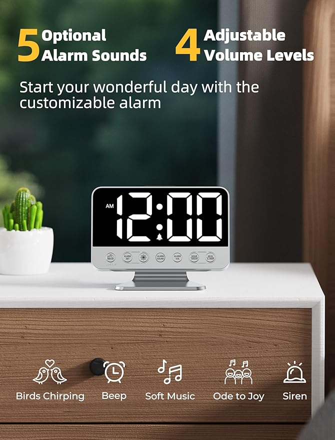 Luminellen-Digital Alarm Clocks for Bedrooms: Large Bold Number 5 Brightness Dimmer - Easy to Read Across The Room - 5 Alarm Sound 8 Night Light - Silver