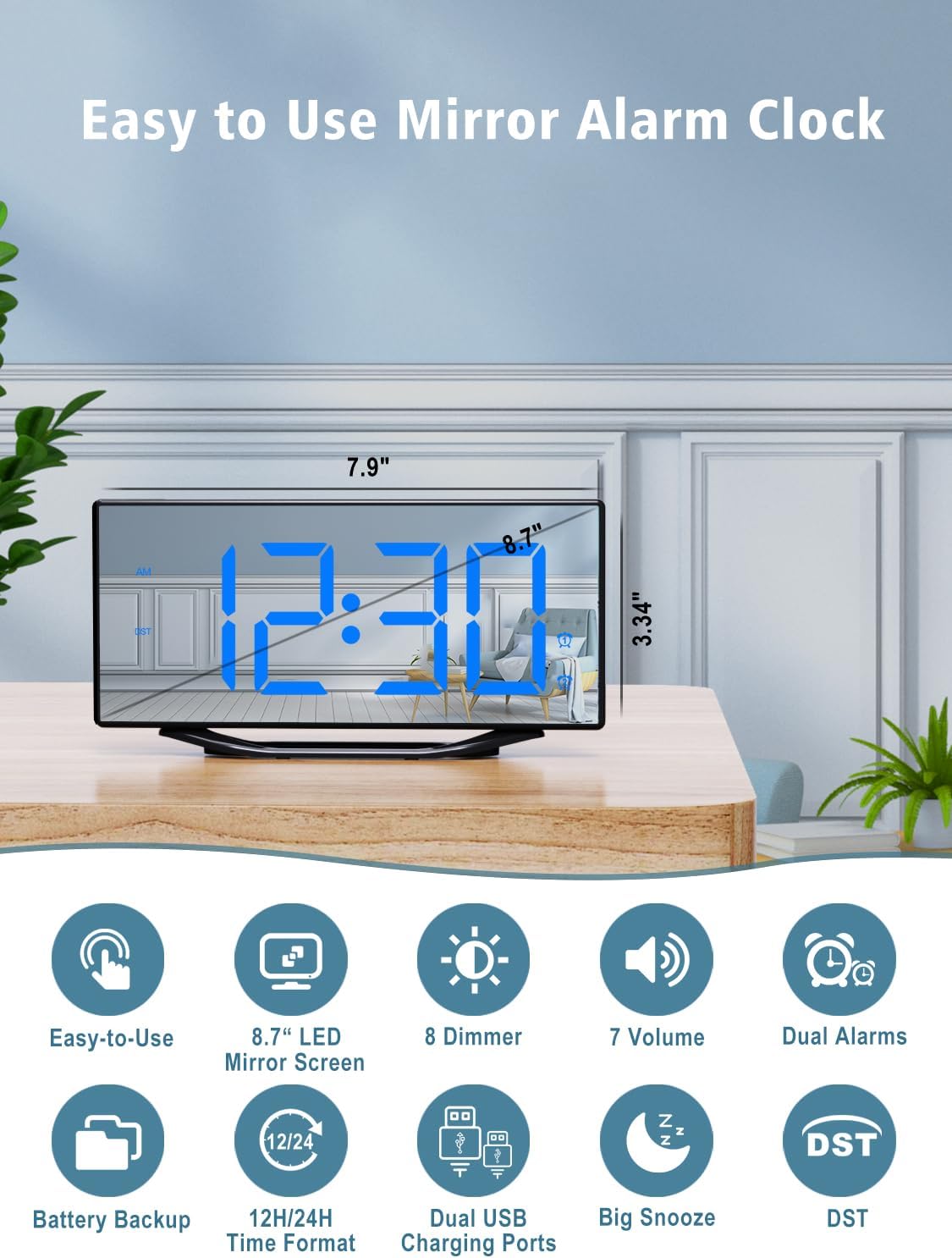 Luminellen-Large Mirror LED Digital Alarm Clock with Dual USB Charging and Adjustable Brightness