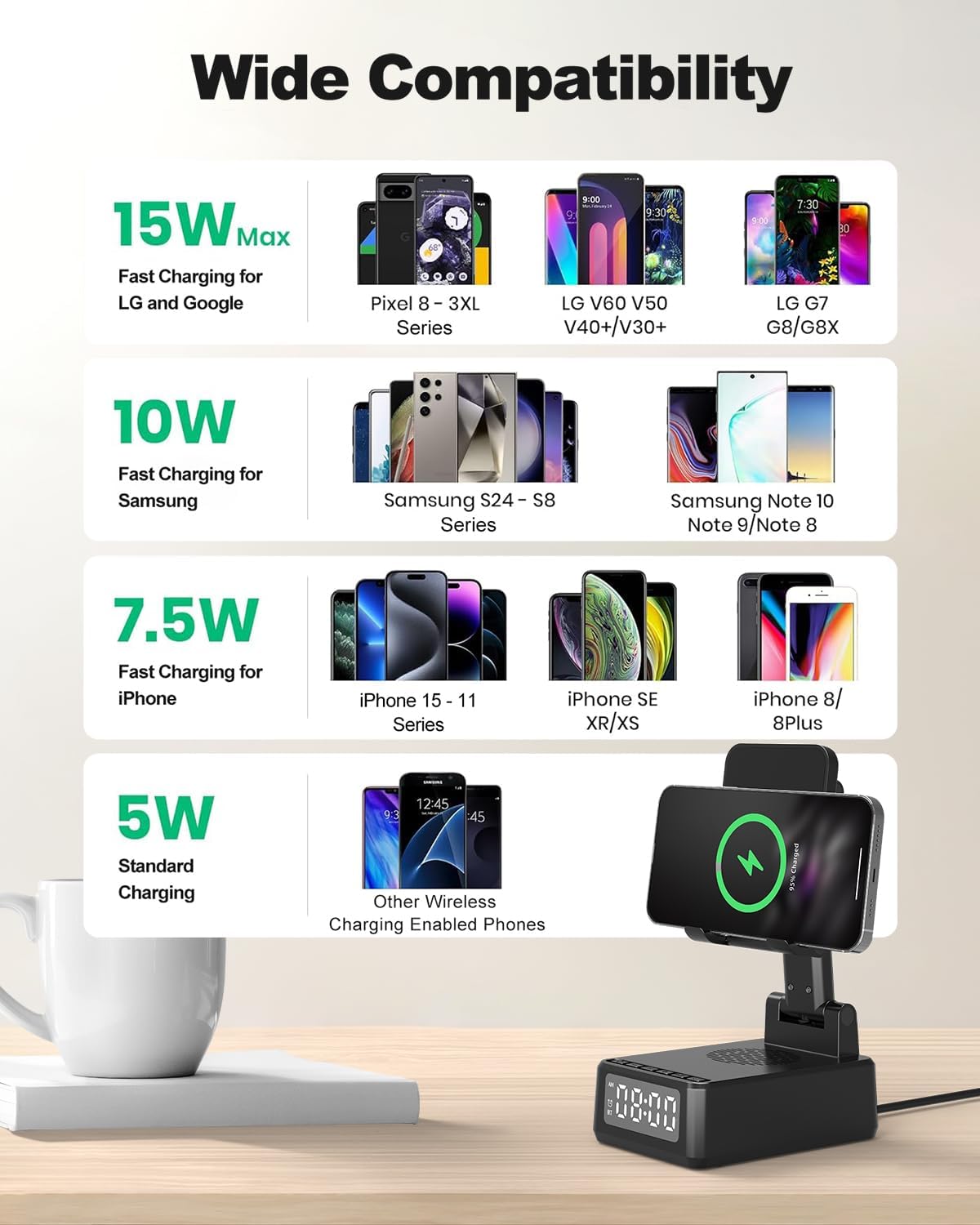 Luminellen-Wireless Charging Alarm Clock Speaker Foldable Phone Stand Adjustable Desk Charging Station