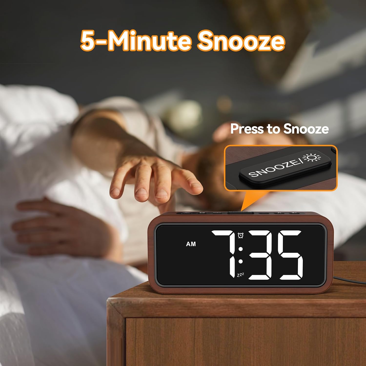 Luminellen-Wooden Alarm Clock, Loud Digital Plug-in Clock with 5 Volumes, 12 Ringtones, Manual DST, Snooze for Heavy Sleepers Bedroom Bedside Living Room Office Wood Decor