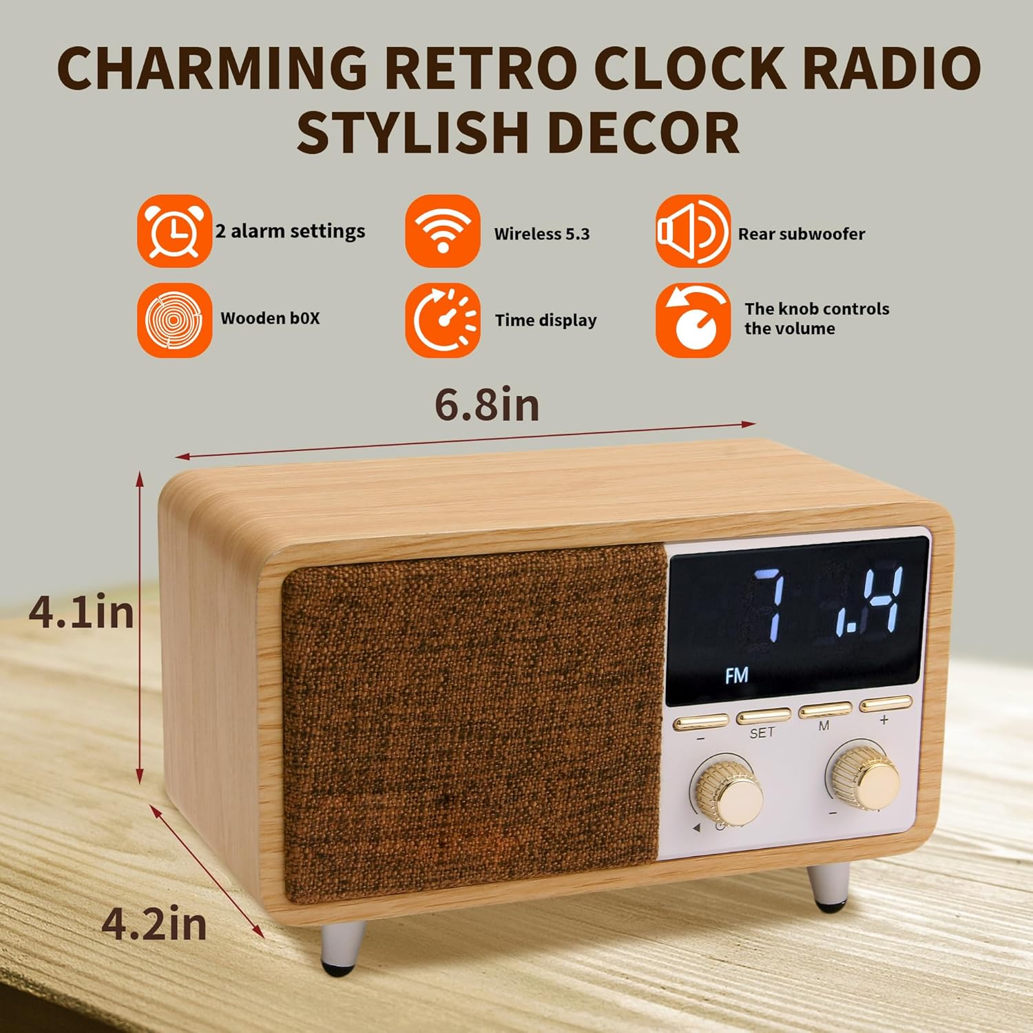 Luminellen-Retro Bluetooth Alarm Clock Radio, Wooden Bedside Speaker with FM Radio, Digital Clock Display, Rechargeable Desktop Audio