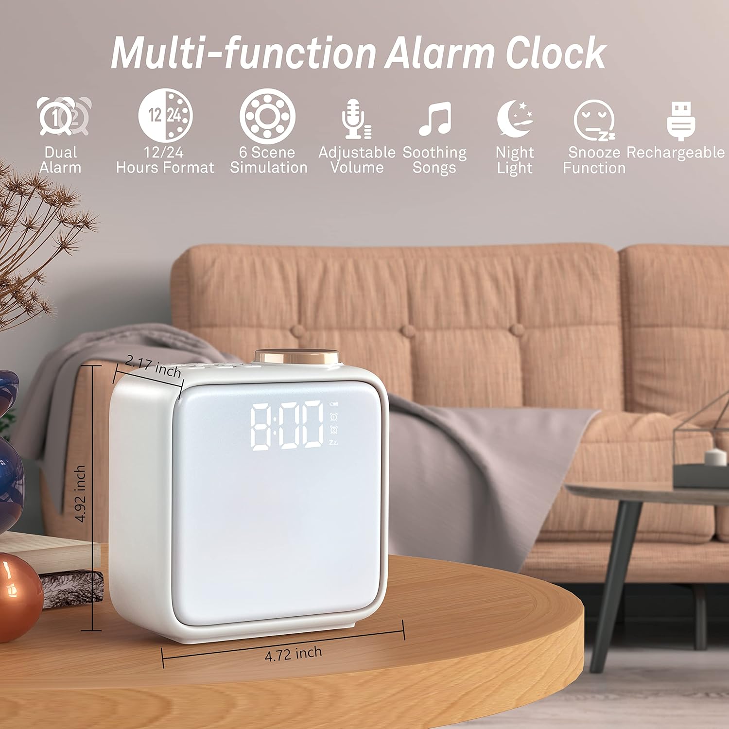 Luminellen-Alarm Clock Night Lights, Built-in Battery Alarm Clock for Bedrooms, 6 Scenes & White Noise Sync, Dual Alarms & Snooze, for Heavy Sleepers, Gifts for Kids Teens