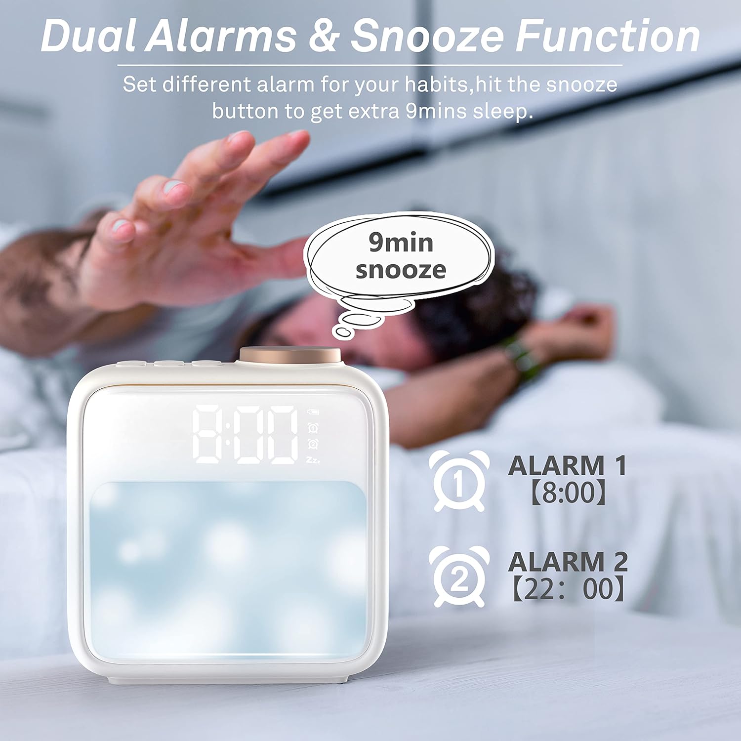 Luminellen-Alarm Clock Night Lights, Built-in Battery Alarm Clock for Bedrooms, 6 Scenes & White Noise Sync, Dual Alarms & Snooze, for Heavy Sleepers, Gifts for Kids Teens