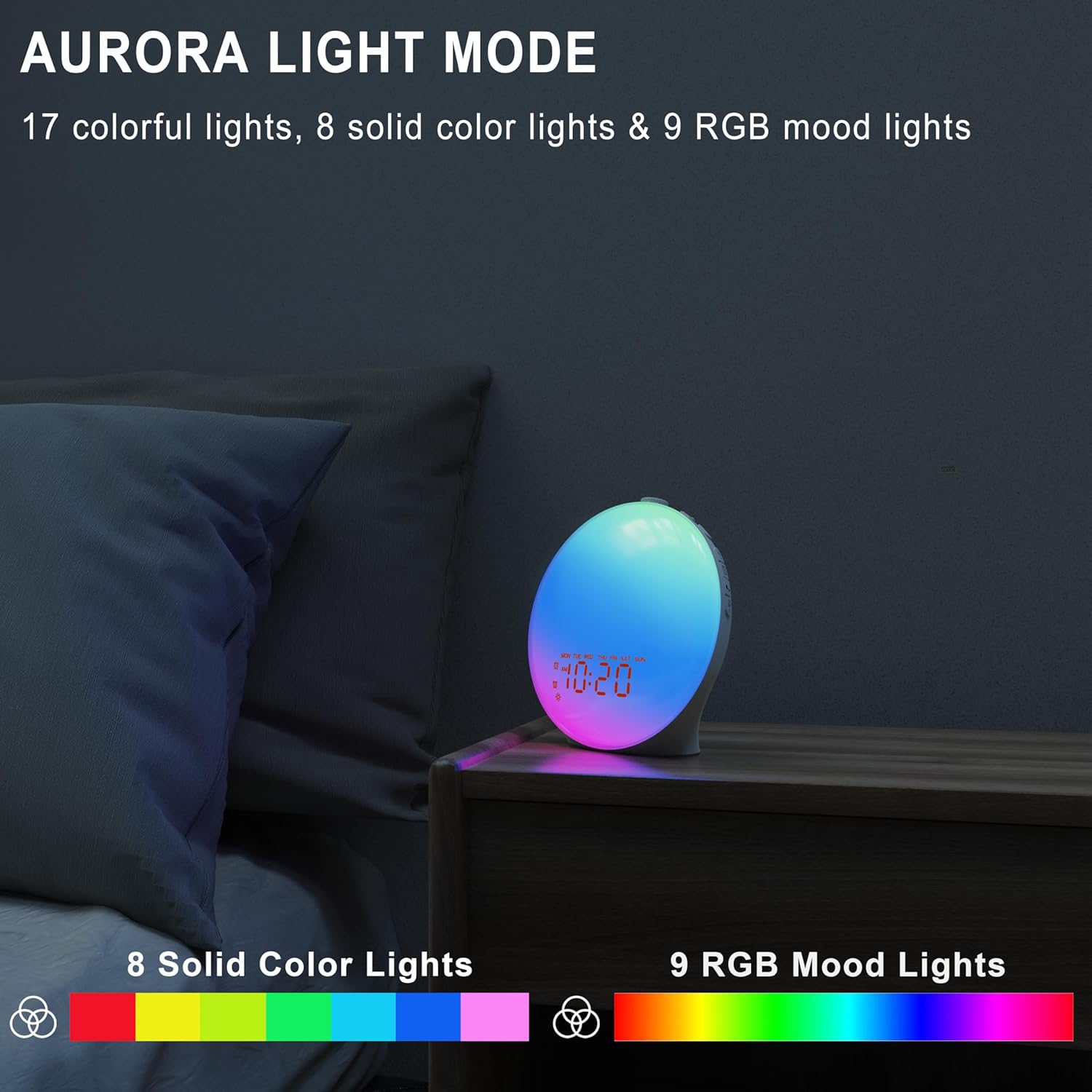 Luminellen-Aurora Light Alarm Clock White Noise Sound Machine FM Radio Multicolor Bedside Clock