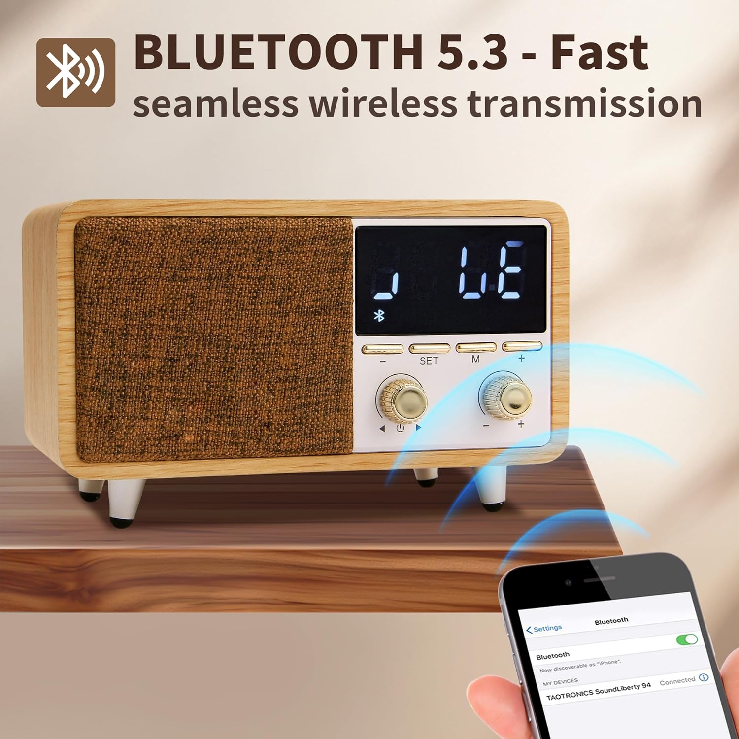 Luminellen-Retro Bluetooth Alarm Clock Radio, Wooden Bedside Speaker with FM Radio, Digital Clock Display, Rechargeable Desktop Audio